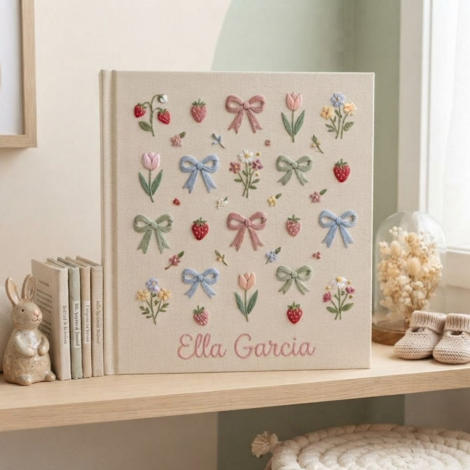 Floral Bow Strawberry Embroidered Baby Photo Album, Personalized Baby Girl Album, Cute Nursery Keepsake Gift, Handmade Memory Book