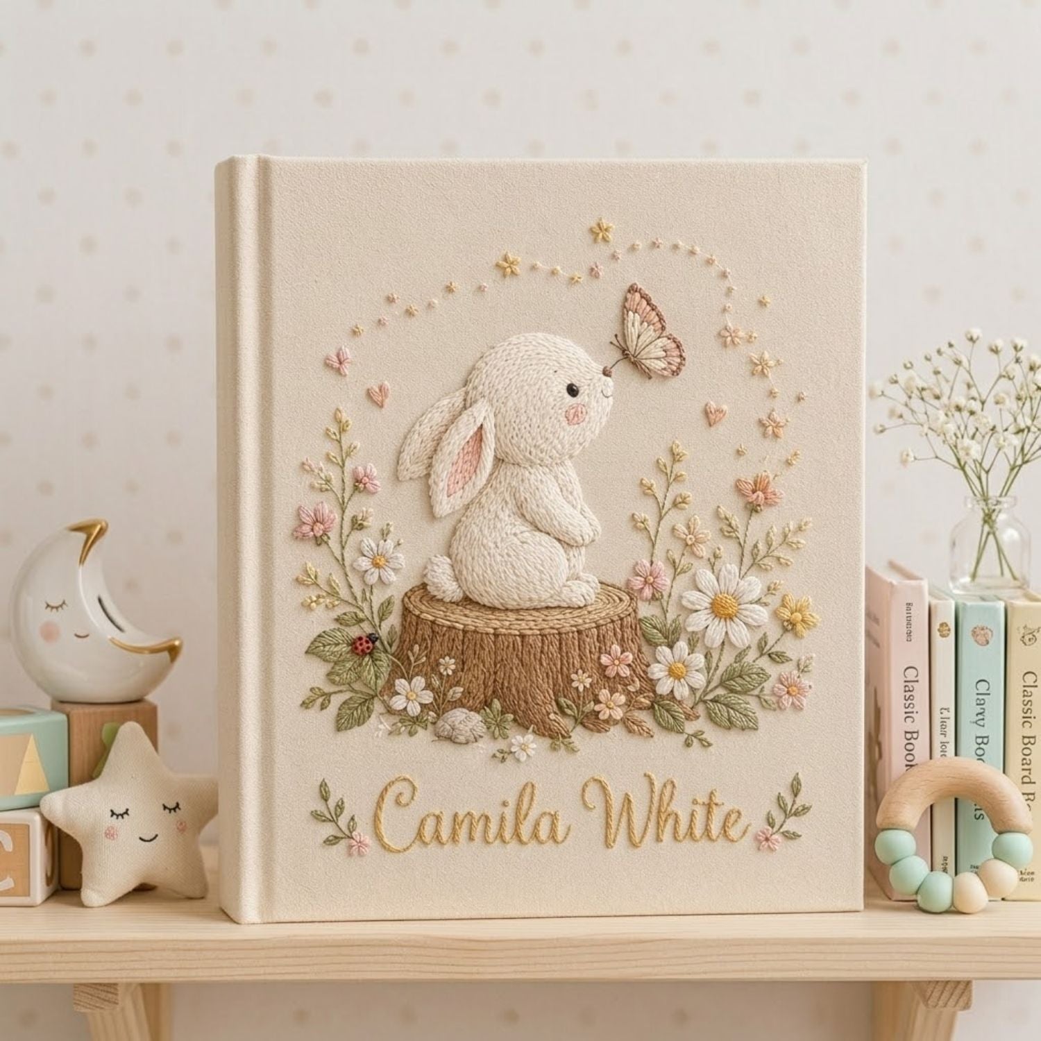Personalized Bunny Embroidered Baby Photo Album, Woodland Floral Nursery Keepsake Gift, Custom Name Linen Album, Handmade Memory Book