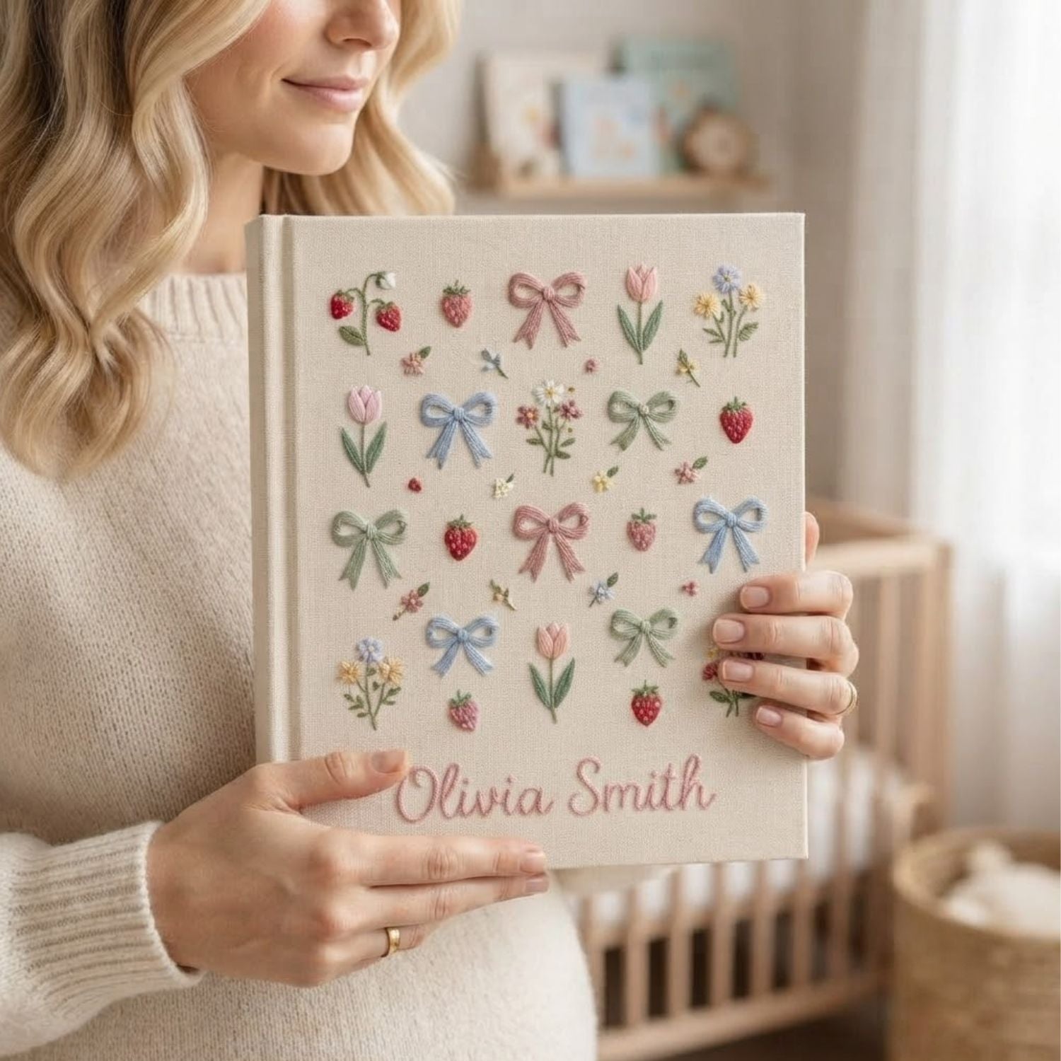 Floral Bow Strawberry Embroidered Baby Photo Album, Personalized Baby Girl Album, Cute Nursery Keepsake Gift, Handmade Memory Book