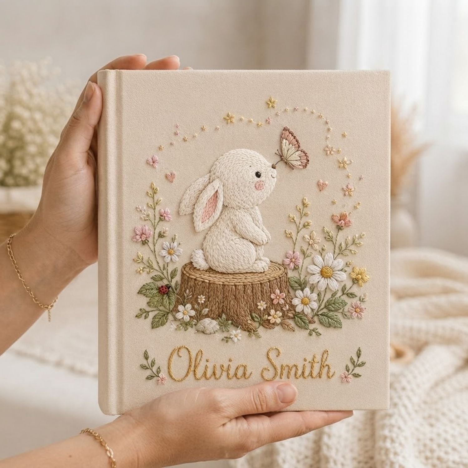 Personalized Bunny Embroidered Baby Photo Album, Woodland Floral Nursery Keepsake Gift, Custom Name Linen Album, Handmade Memory Book