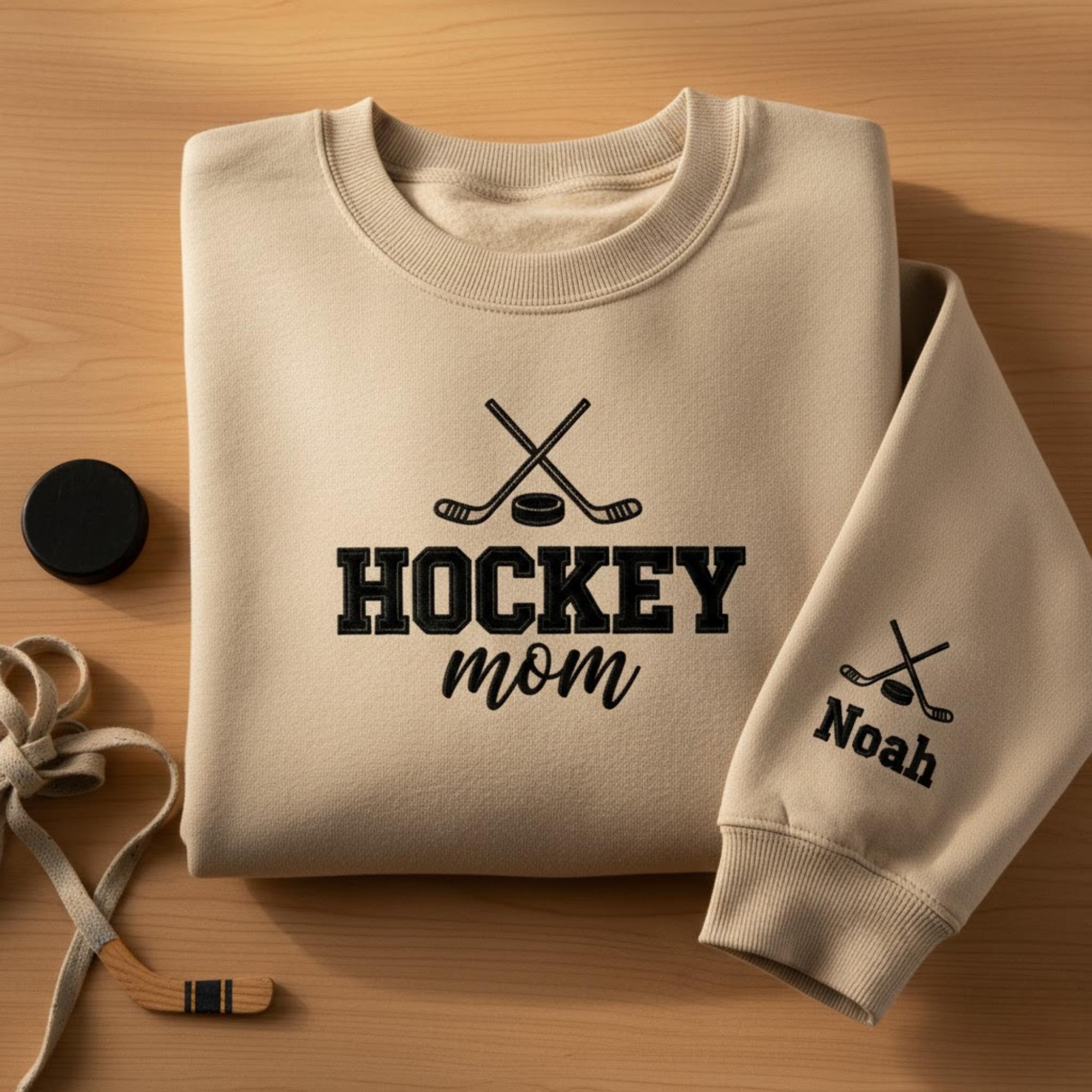 Custom Hockey Mom Embroidered Sweatshirt Personalized Hockey Mama Shirt Game Day Spirit Wear Hockey Team Mom Gift Cozy Embroidery Top