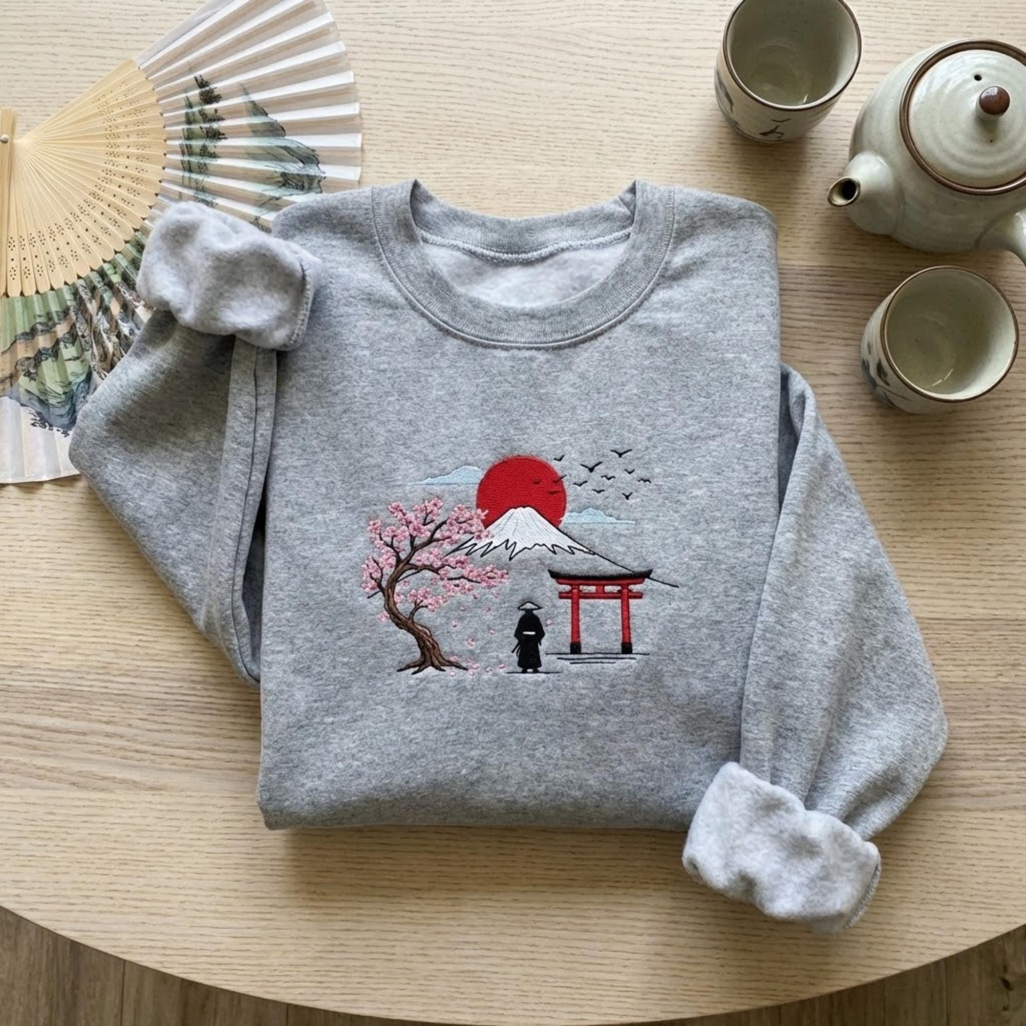 Japanese Mount Fuji Embroidered Sweatshirt Sakura Torii Gate Red Sun Zen Aesthetic Cozy Unisex Crewneck Nature Art Gift