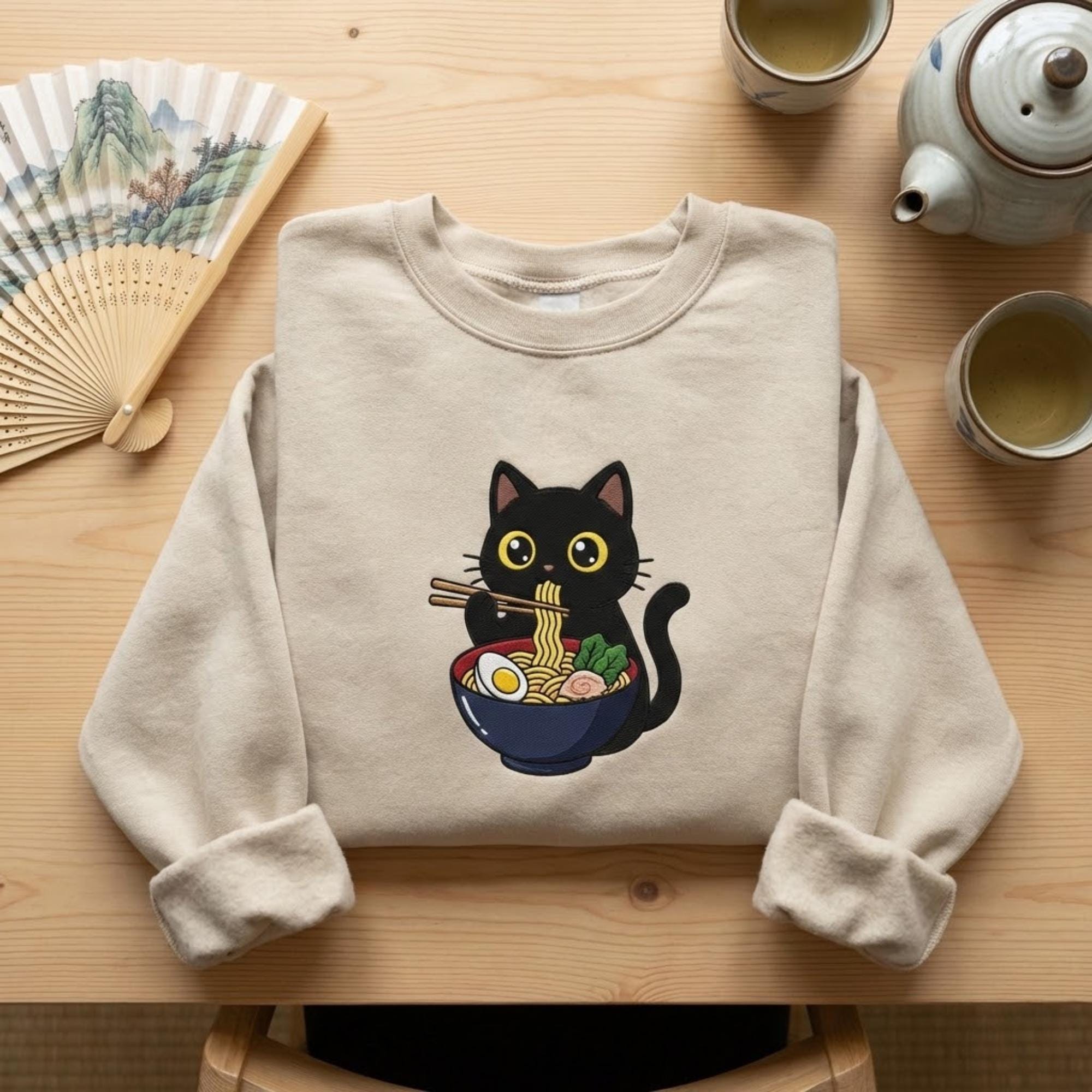 Kawaii Ramen Cat Embroidered Sweatshirt Cute Japanese Noodle Kitty Cozy Unisex Crewneck Asian Aesthetic Gift For Cat Lovers