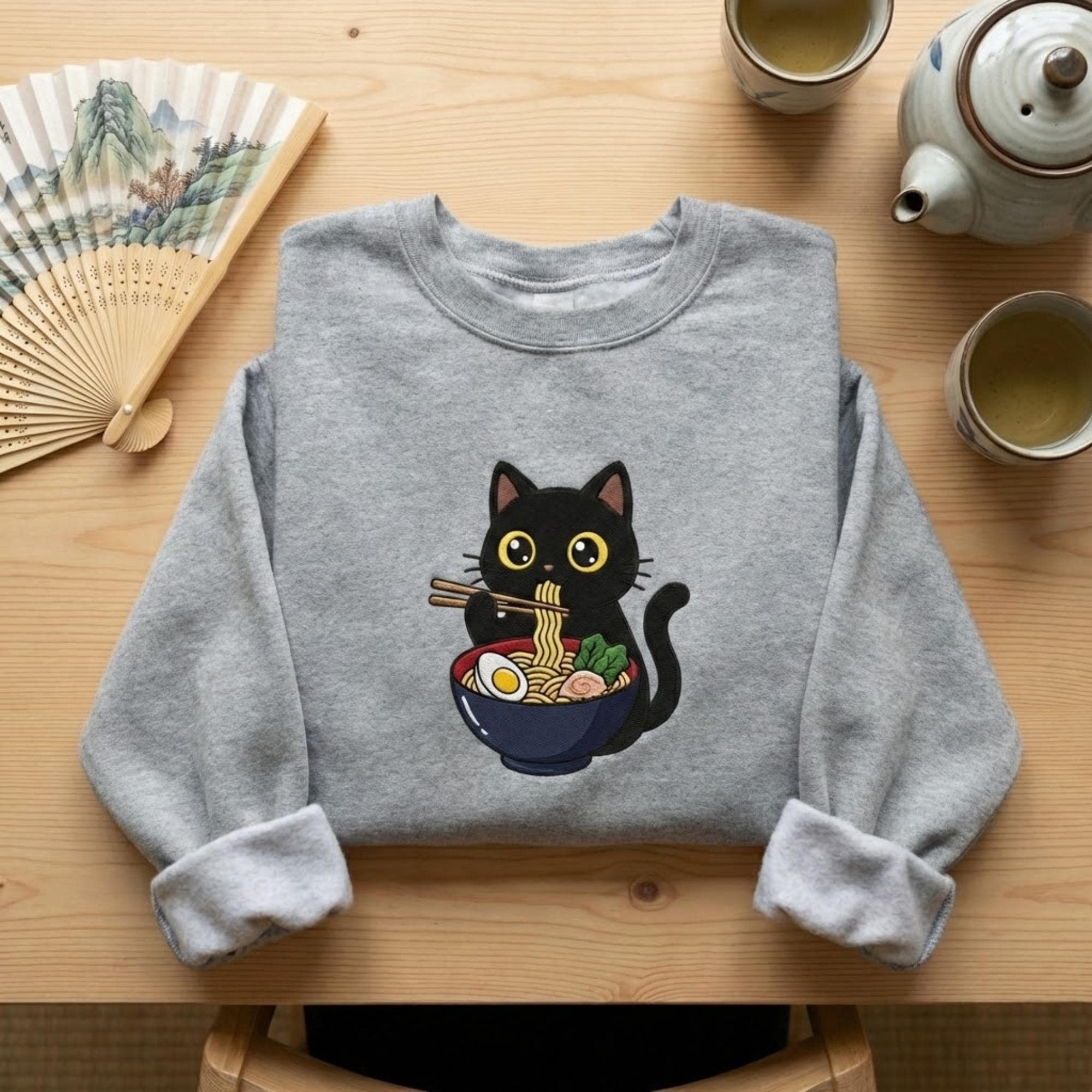 Kawaii Ramen Cat Embroidered Sweatshirt Cute Japanese Noodle Kitty Cozy Unisex Crewneck Asian Aesthetic Gift For Cat Lovers