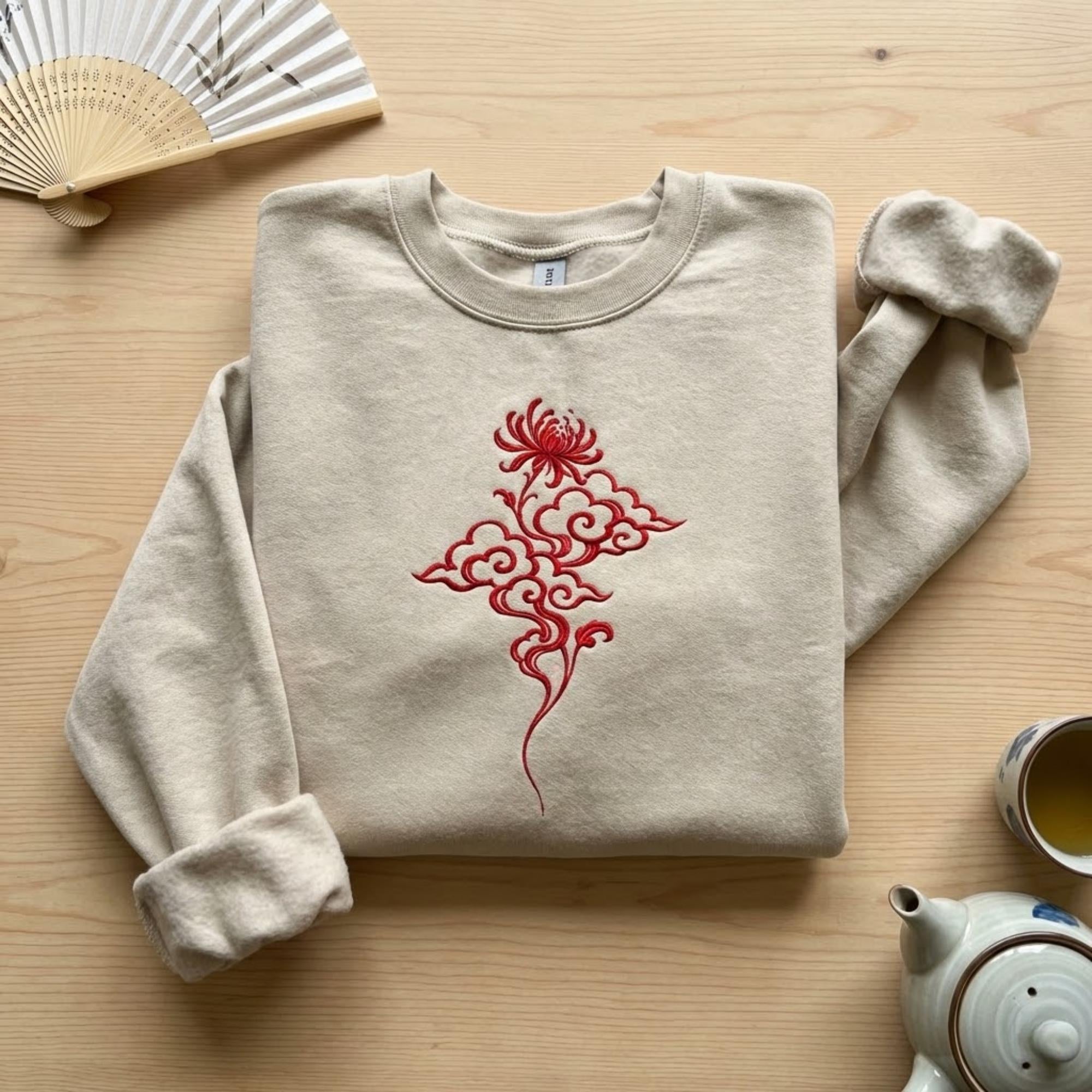 Embroidered Red Spider Lily Sweatshirt, Japanese Zen Floral Crewneck