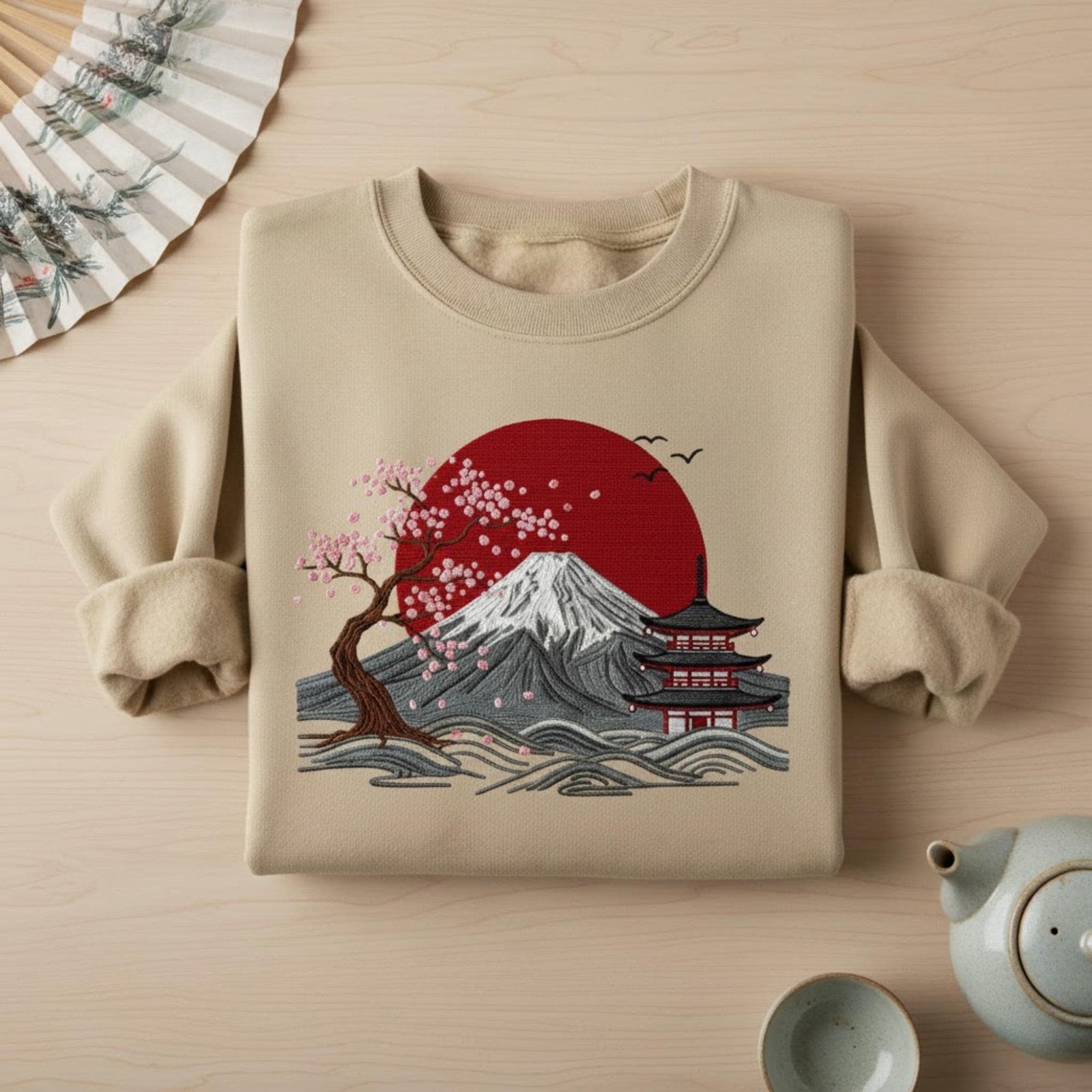 Mount Fuji Embroidered Sweatshirt Japanese Landscape Sakura Sun Zen Aesthetic Cozy Unisex Crewneck Cottagecore Nature Art Gift