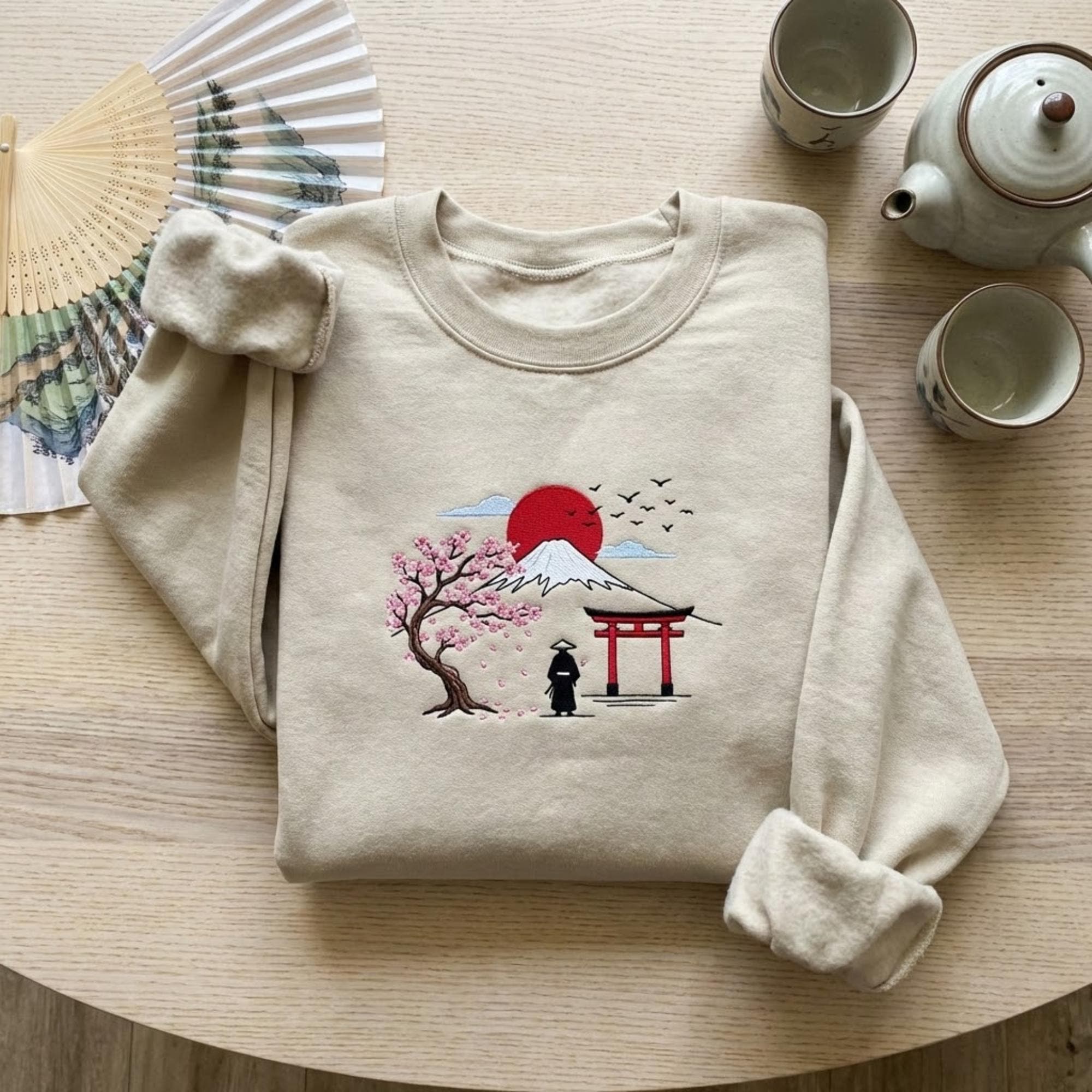 Japanese Mount Fuji Embroidered Sweatshirt Sakura Torii Gate Red Sun Zen Aesthetic Cozy Unisex Crewneck Nature Art Gift