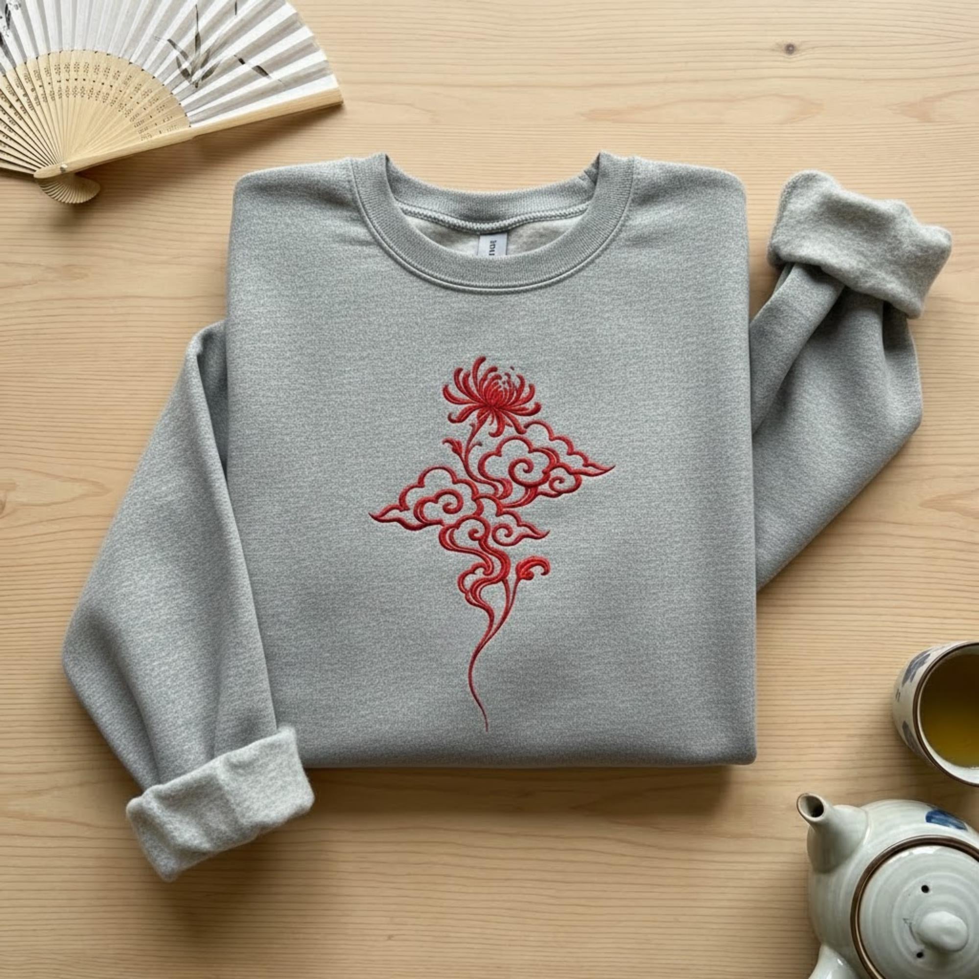 Embroidered Red Spider Lily Sweatshirt, Japanese Zen Floral Crewneck