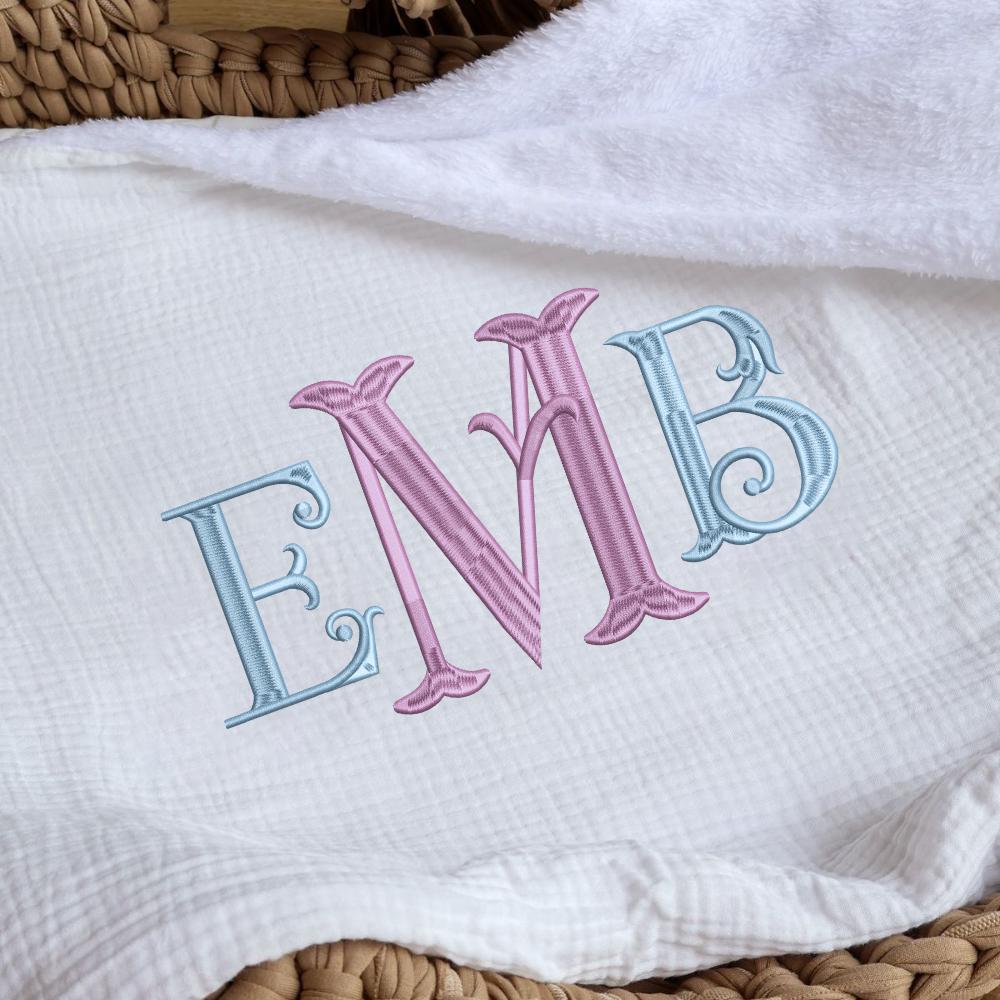 Fishtail Monogram Embroidery Design, BX Font (Digital Download), 5 sizes, 11 formats