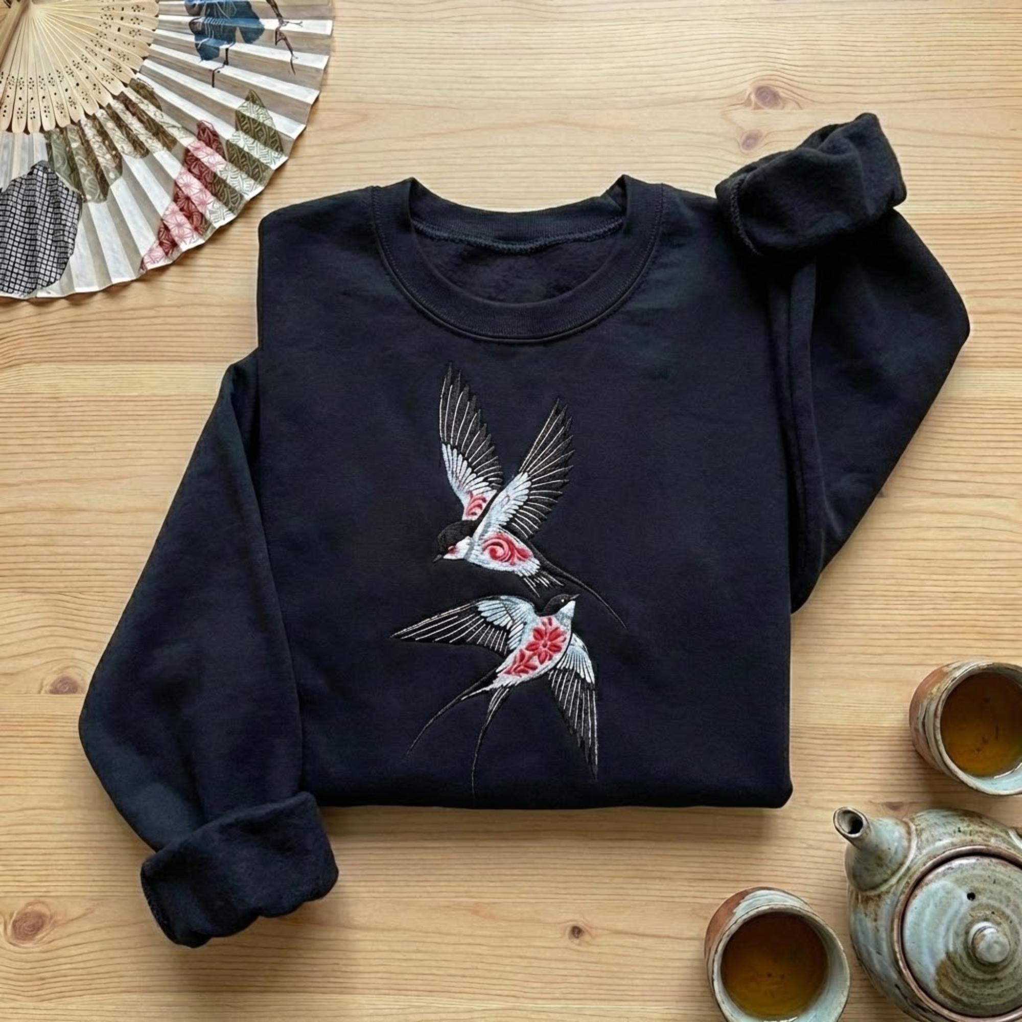 Ukiyoe Swallow Embroidered Sweatshirt Japanese Folk Art Dark Aesthetic Cozy Unisex Crewneck Cultural Gift