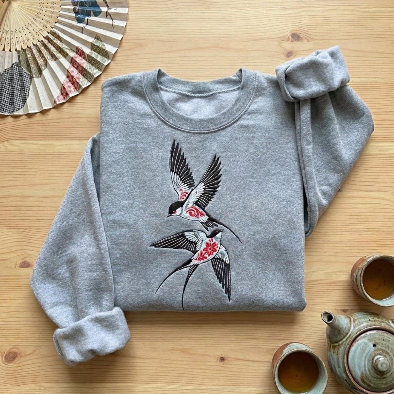 Ukiyoe Swallow Embroidered Sweatshirt Japanese Folk Art Dark Aesthetic Cozy Unisex Crewneck Cultural Gift