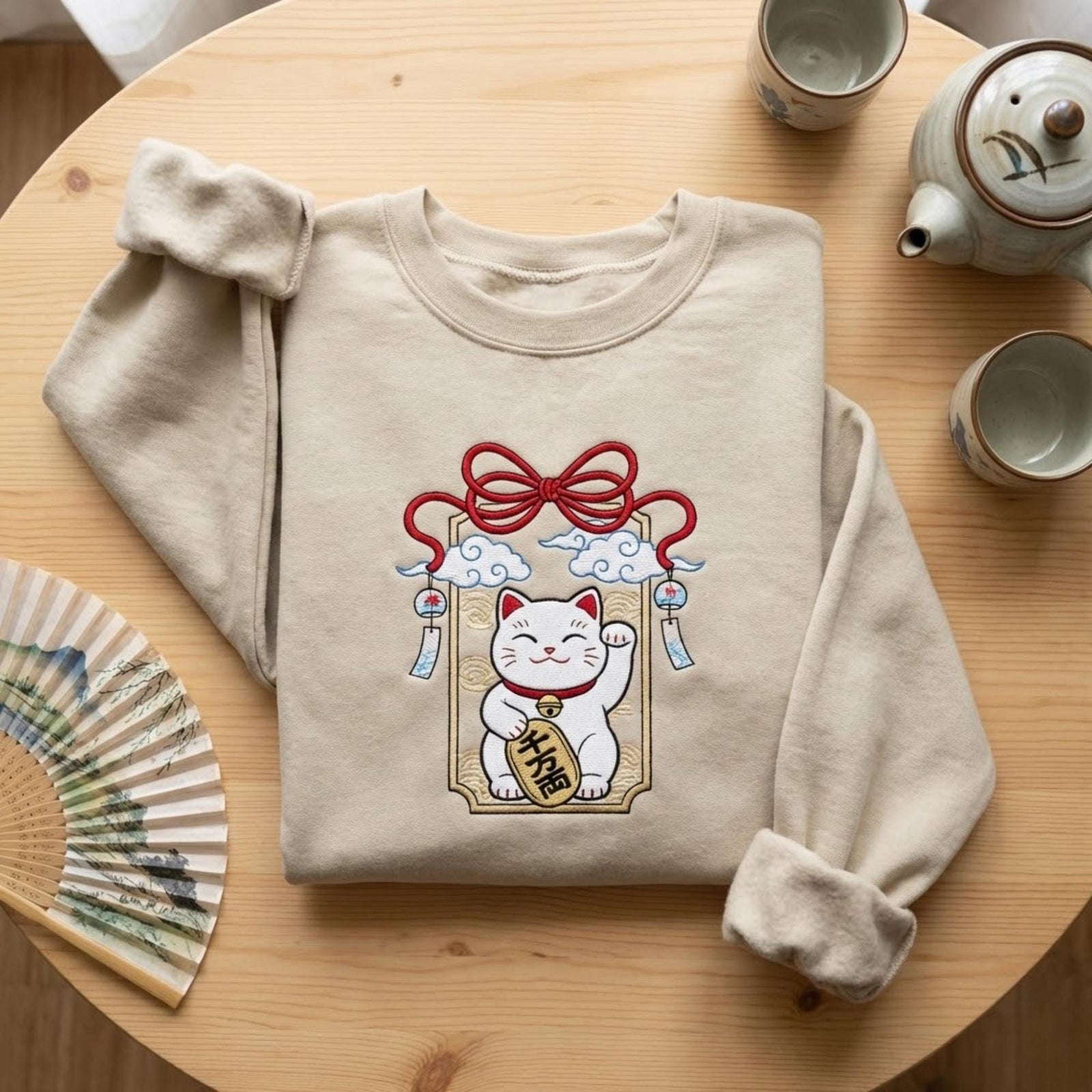 Maneki Neko Embroidered Sweatshirt: Lucky Cat Japanese Crewneck