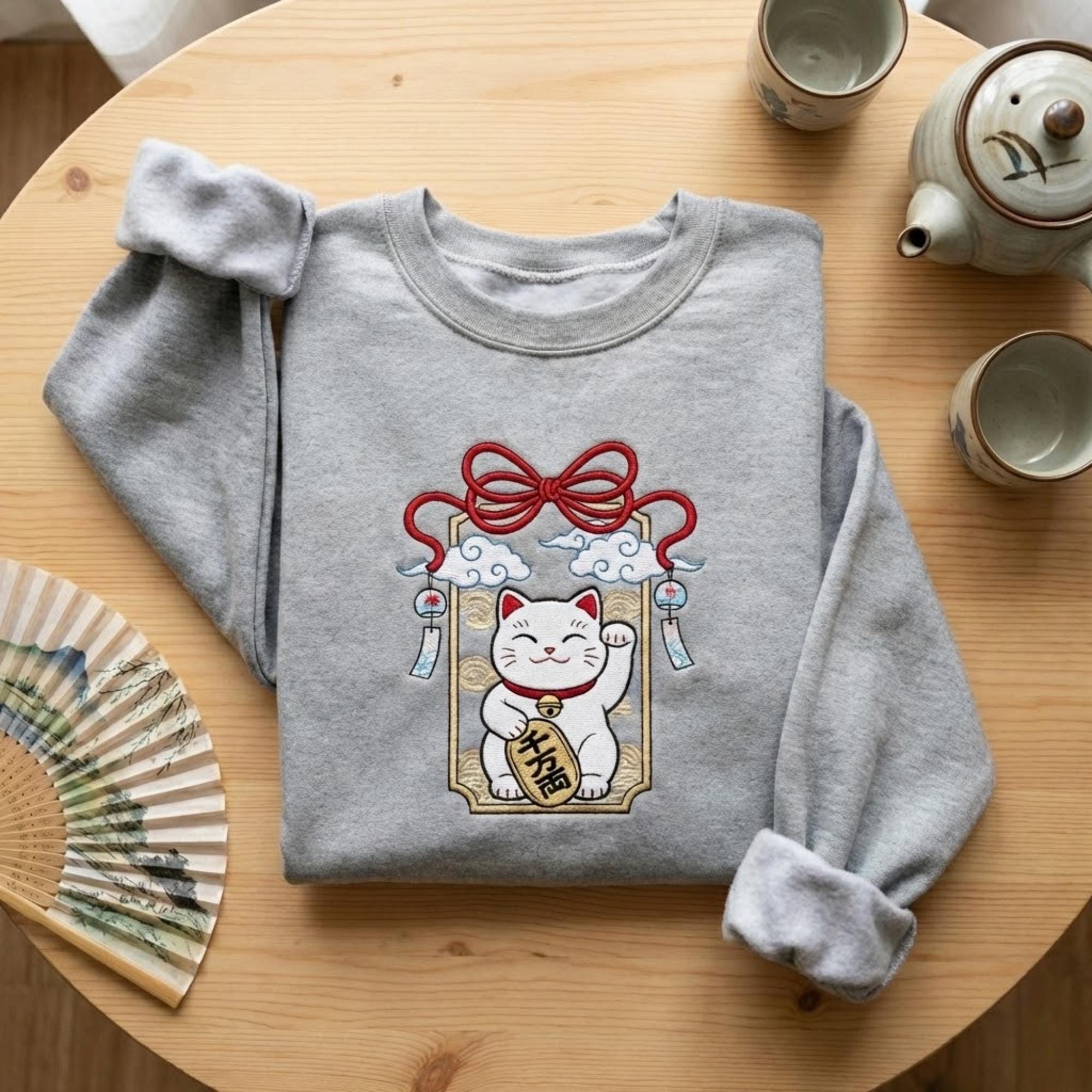 Maneki Neko Embroidered Sweatshirt: Lucky Cat Japanese Crewneck
