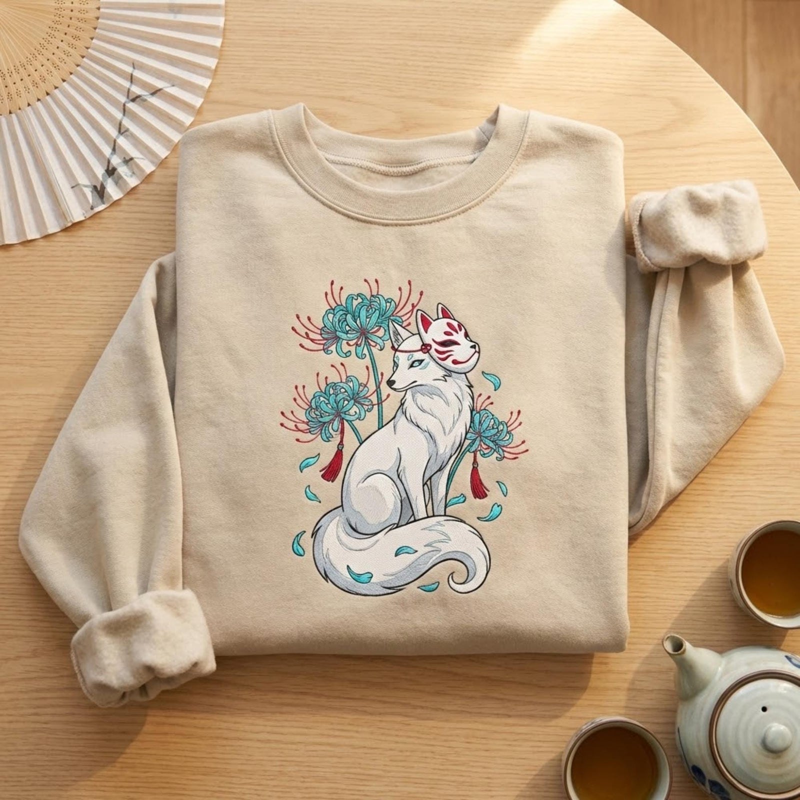 Fox Spirit Embroidery Sweatshirt Japanese Kitsune Mask Floral Cozy Unisex Crewneck Zen Nature Aesthetic Gift