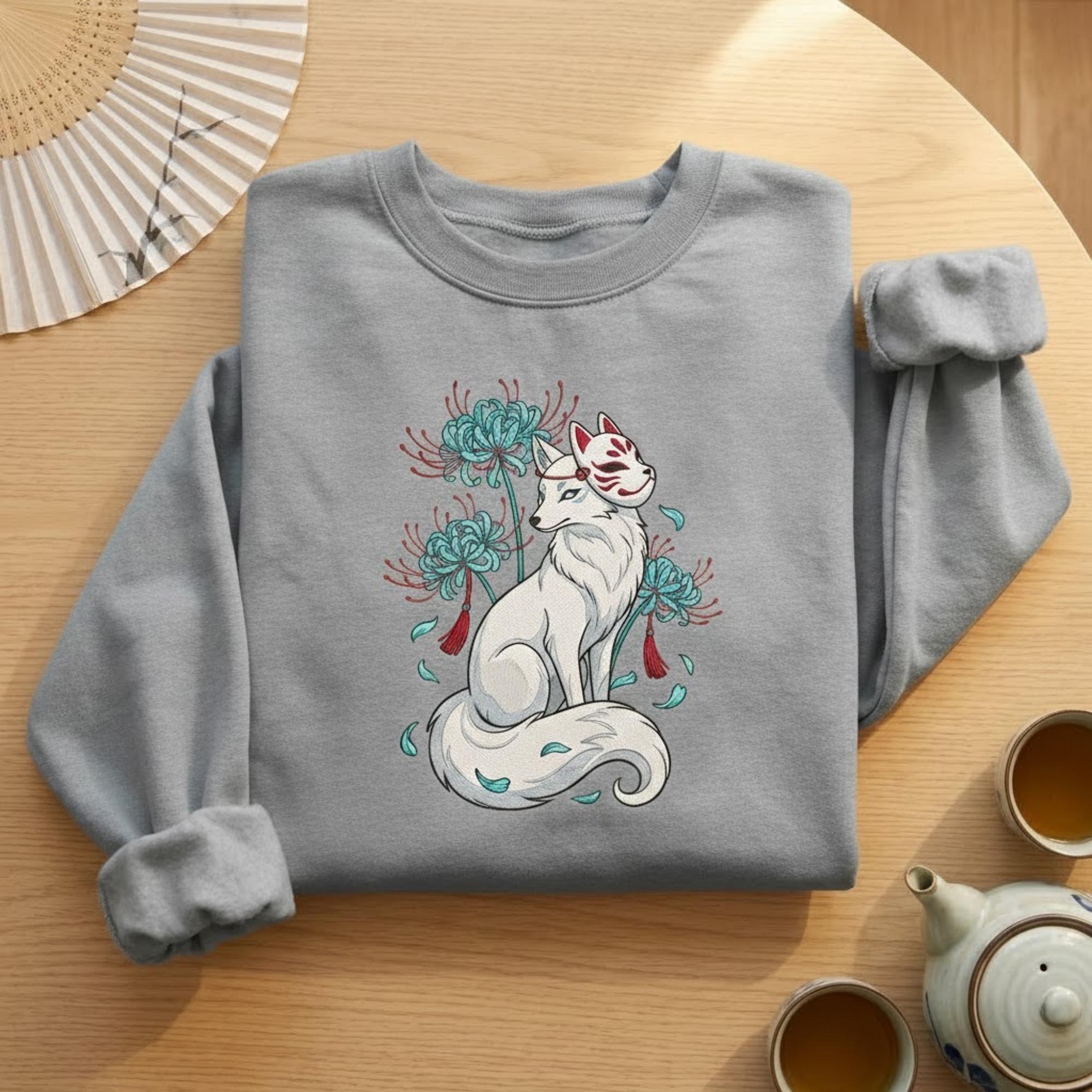 Fox Spirit Embroidery Sweatshirt Japanese Kitsune Mask Floral Cozy Unisex Crewneck Zen Nature Aesthetic Gift