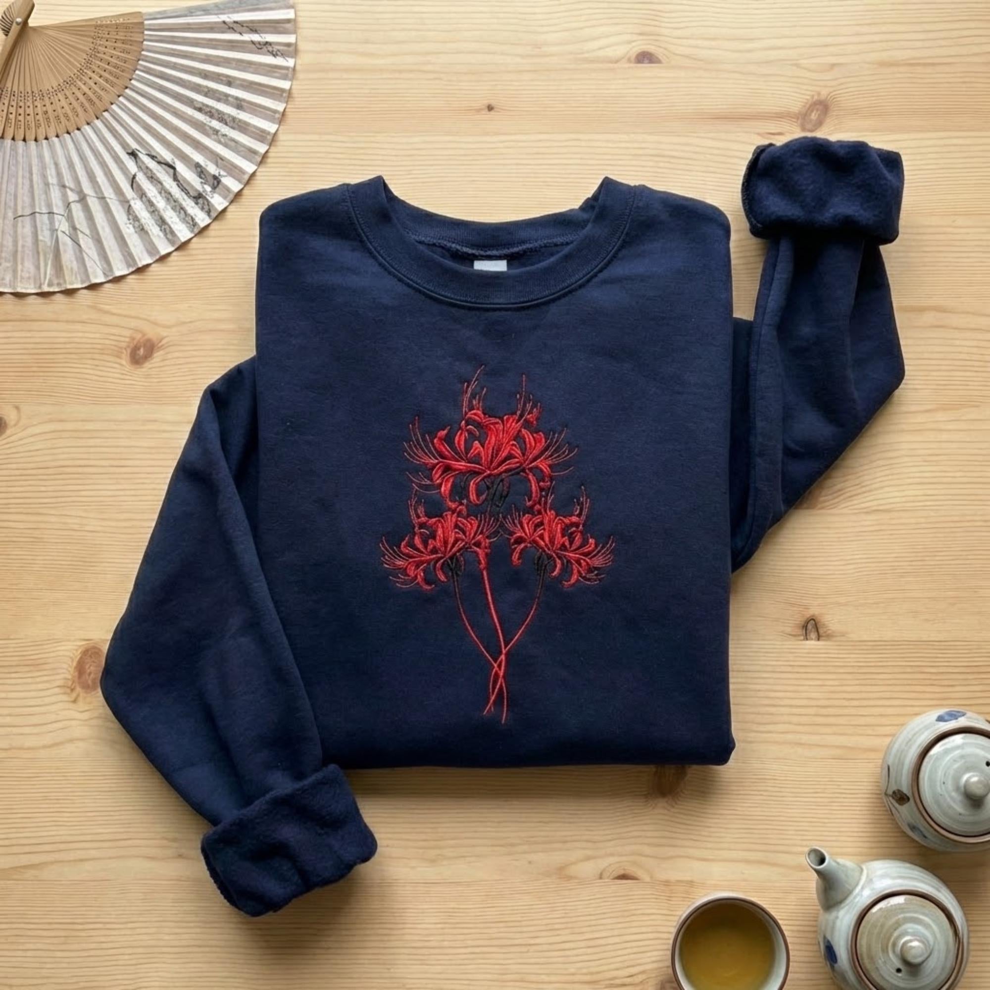 Red Spider Lily Embroidery Sweatshirt Gothic Floral Japanese Aesthetic Black Crewneck Streetwear Gift For Her Him Dark Art Clothing Fall