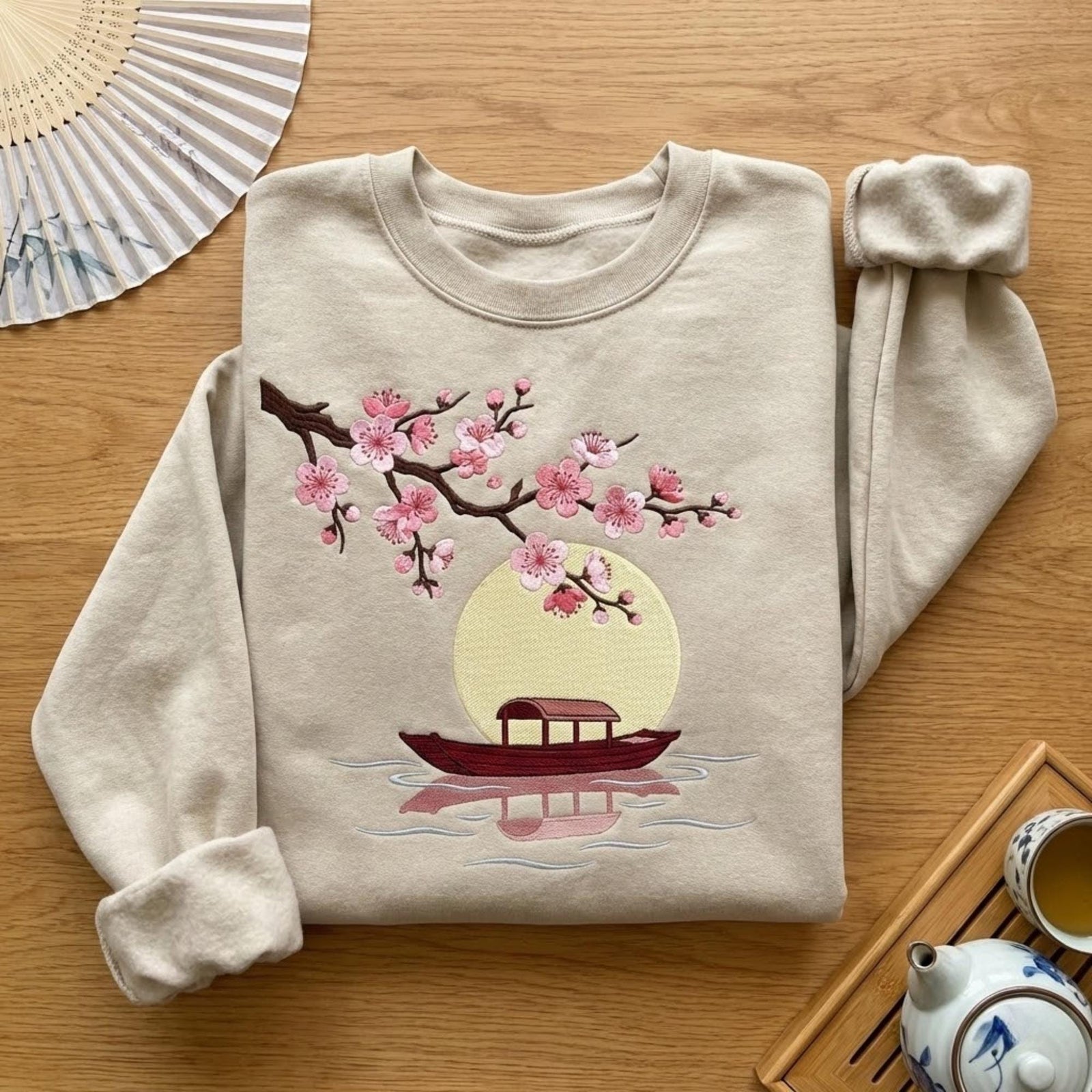 Cherry Blossom Boat Embroidered Sweatshirt Japanese Landscape Moon Scene Zen Nature Aesthetic Cozy Fall Unisex Crewneck Gift