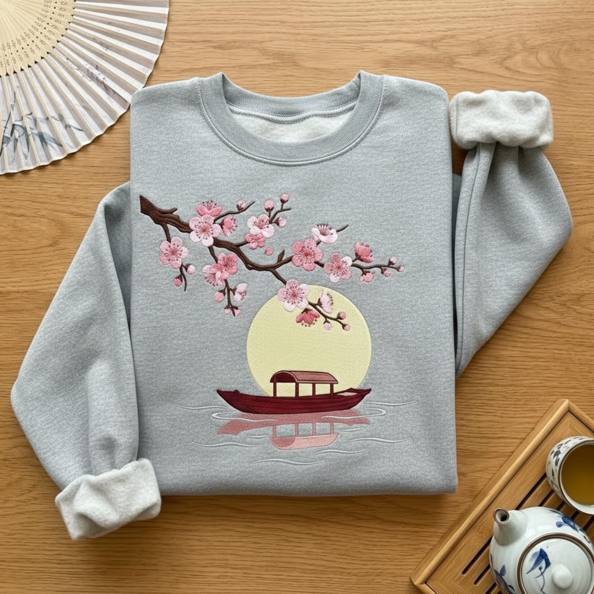 Cherry Blossom Boat Embroidered Sweatshirt Japanese Landscape Moon Scene Zen Nature Aesthetic Cozy Fall Unisex Crewneck Gift