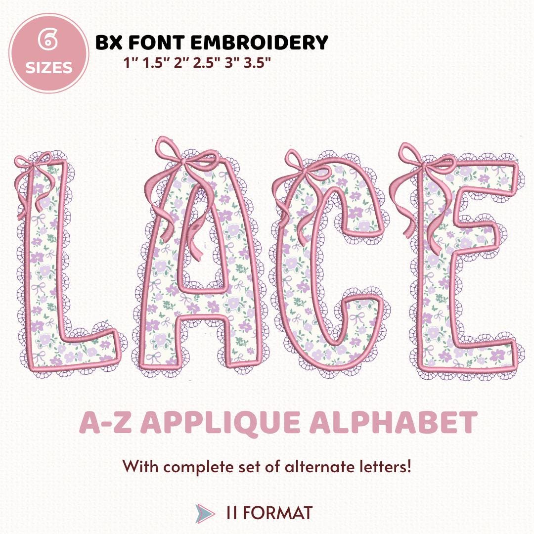Lace Applique Embroidery Font, A-Z Lace BX Font, 5 Sizes, BX Font Included