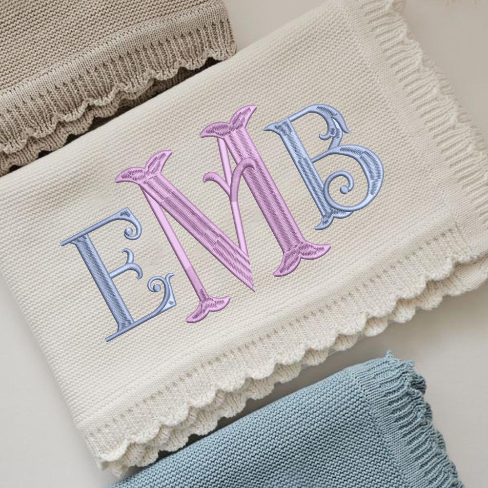 Fishtail Monogram Embroidery Design, BX Font (Digital Download), 5 sizes, 11 formats