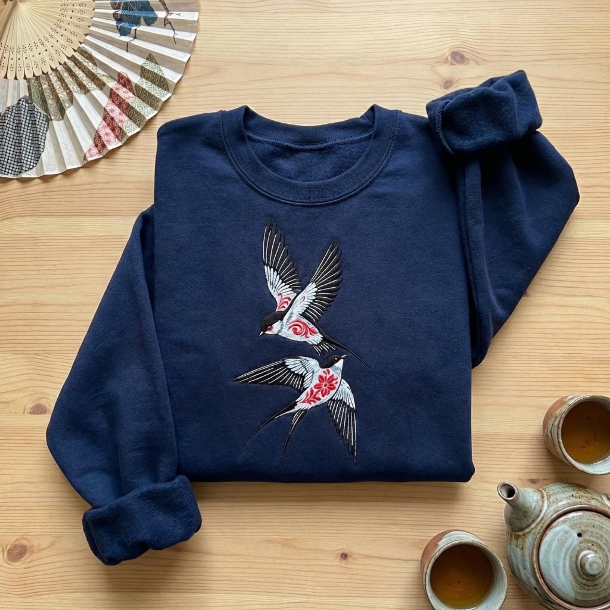 Ukiyoe Swallow Embroidered Sweatshirt Japanese Folk Art Dark Aesthetic Cozy Unisex Crewneck Cultural Gift