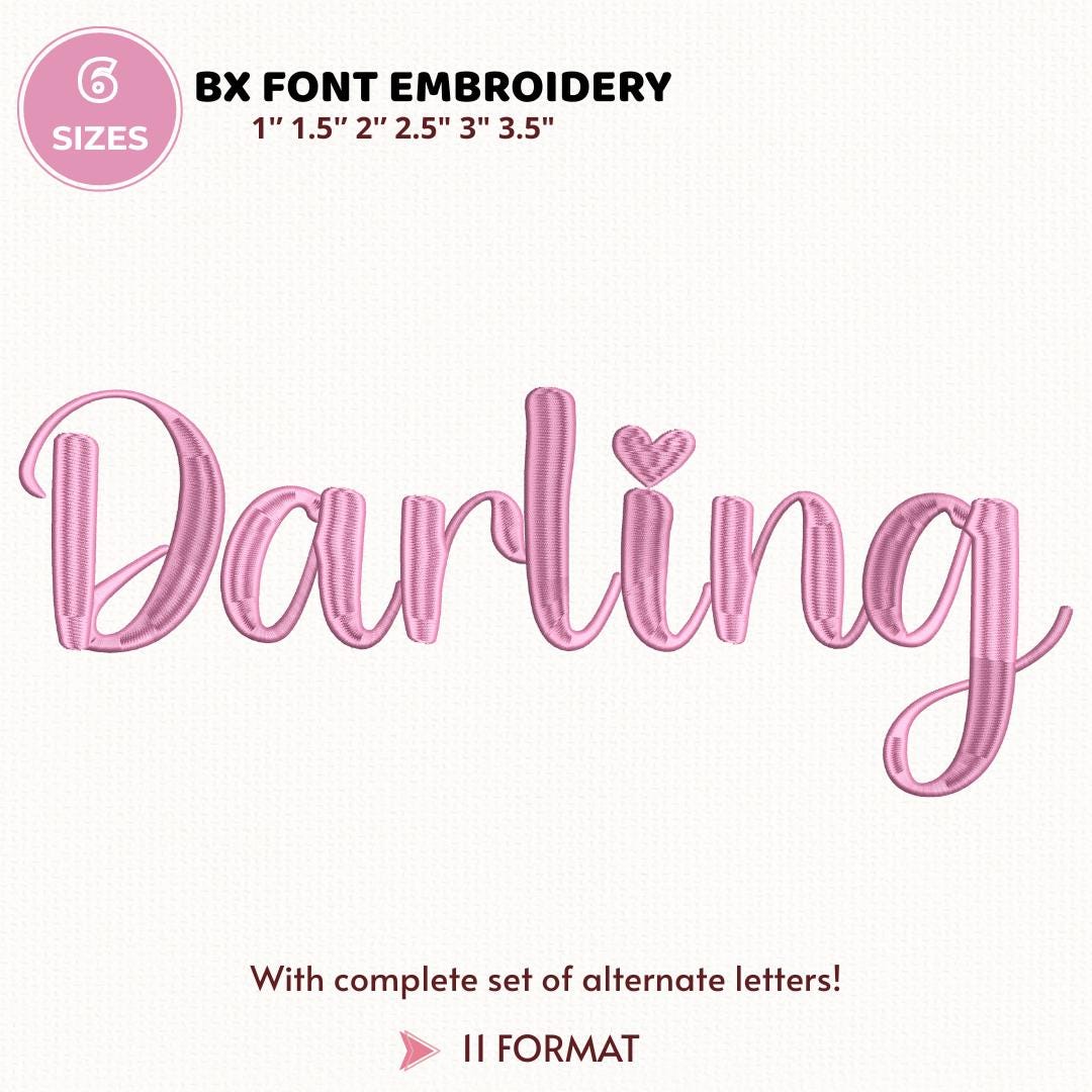 Darling Font Embroidery, Heart Satin Embroidery Font: Thin Script Alphabet (BX Included, Instant Download)
