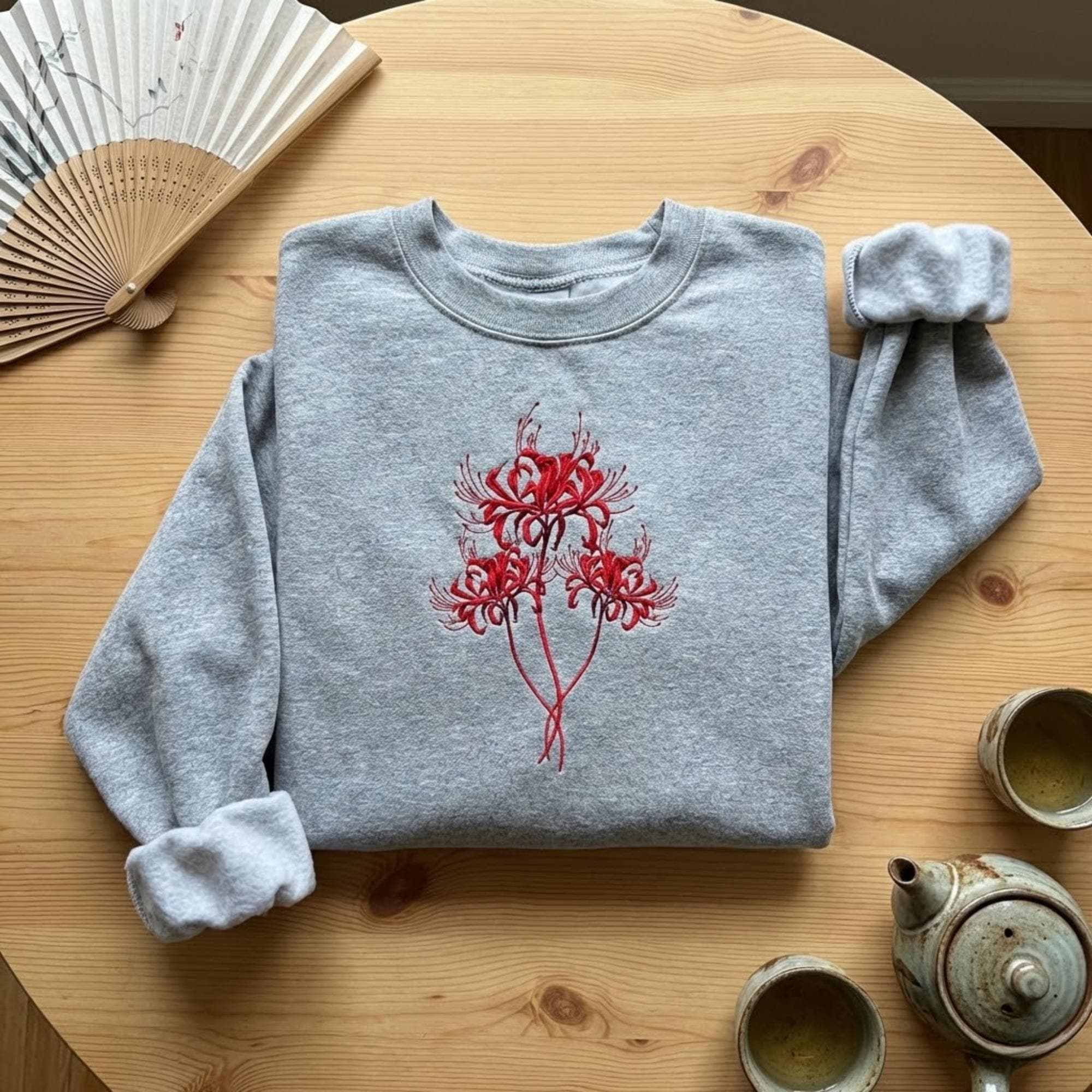 Red Spider Lily Embroidery Sweatshirt Gothic Floral Japanese Aesthetic Black Crewneck Streetwear Gift For Her Him Dark Art Clothing Fall