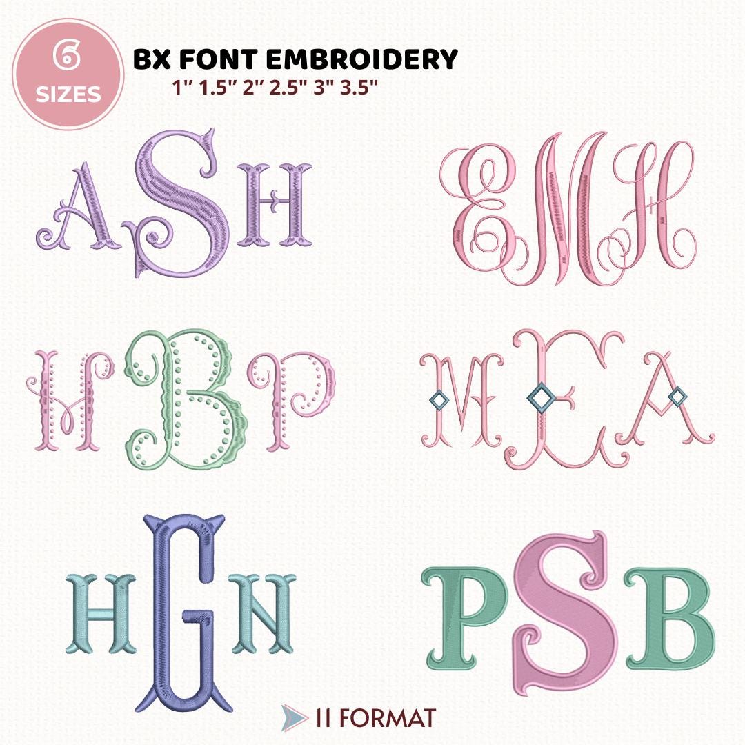 6 Satin Stitch Monogram Fonts Embroidery Bundle, Alphabet Designs, BX + 11 formats, Fishtail Monogram Embroidery Font, (Instant Download)