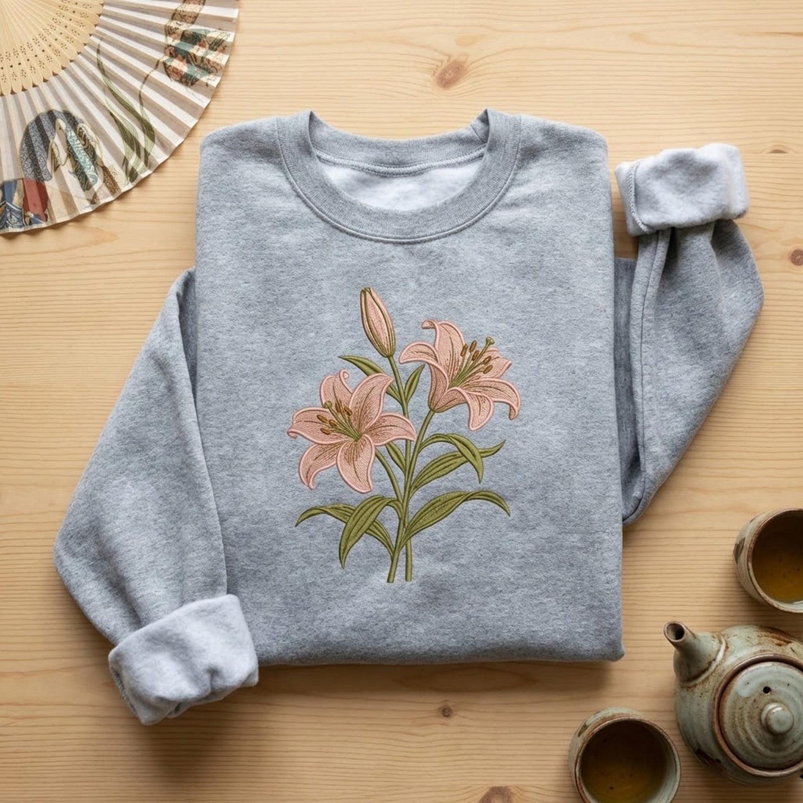 Lily Flower Embroidered Sweatshirt Botanical Floral Design Cozy Cottagecore Nature Crewneck Gift For Women Spring Aesthetic