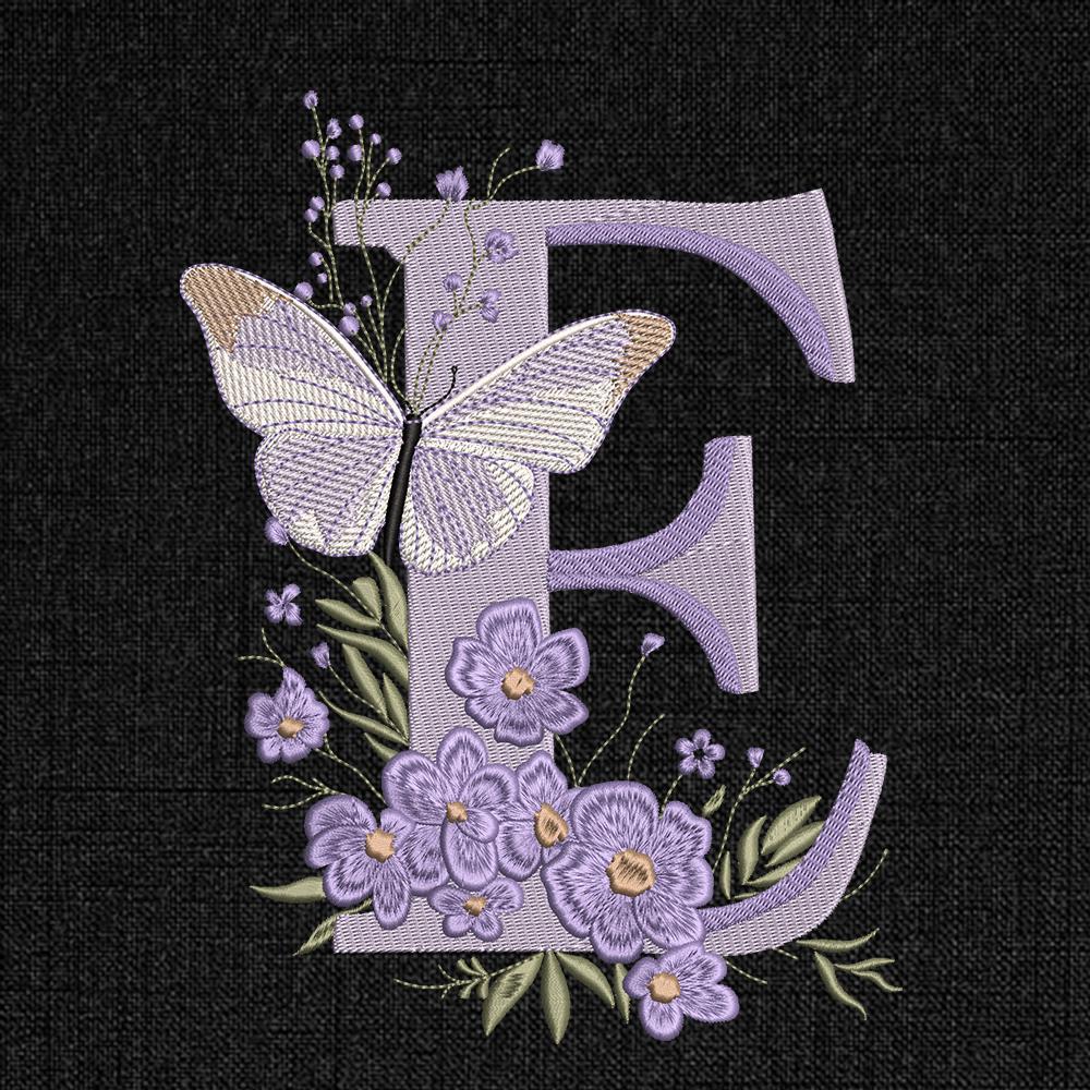 Floral Alphabet with Butterfly, Monogram Letter E Embroidery, Name Embroidery Design (Digital Download), 5 sizes
