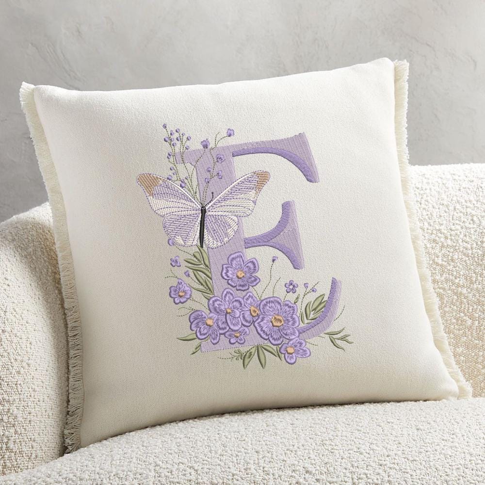 Floral Alphabet with Butterfly, Monogram Letter E Embroidery, Name Embroidery Design (Digital Download), 5 sizes