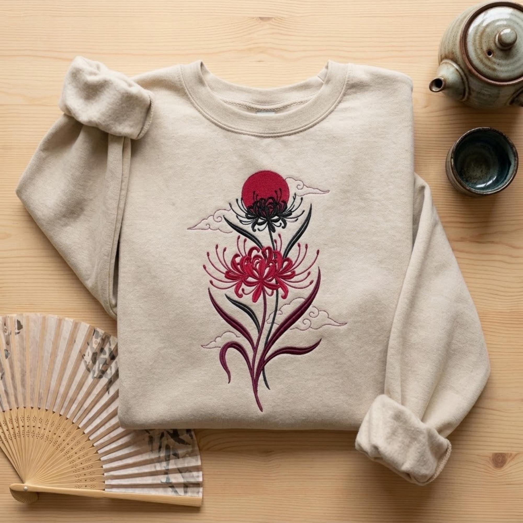 Japanese Red Spider Lily Embroidered Sweatshirt Gothic Floral Chrysanthemum Style Crewneck Japanese Aesthetic Fall Flower Embroidery Shirt