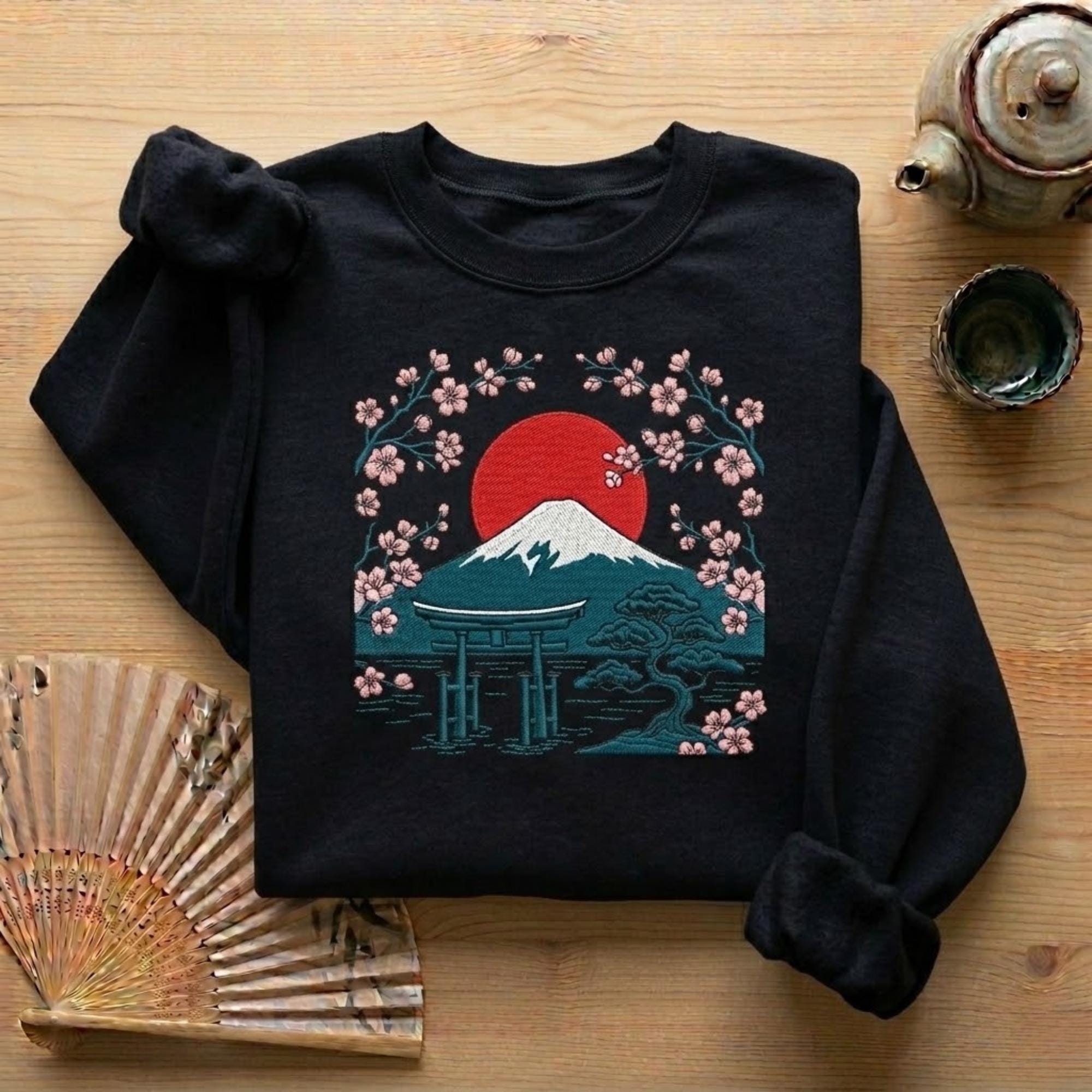 Mount Fuji Sakura Embroidered Sweatshirt Japanese Landscape Crewneck Red Sun Japan Aesthetic Floral Mountain Shirt