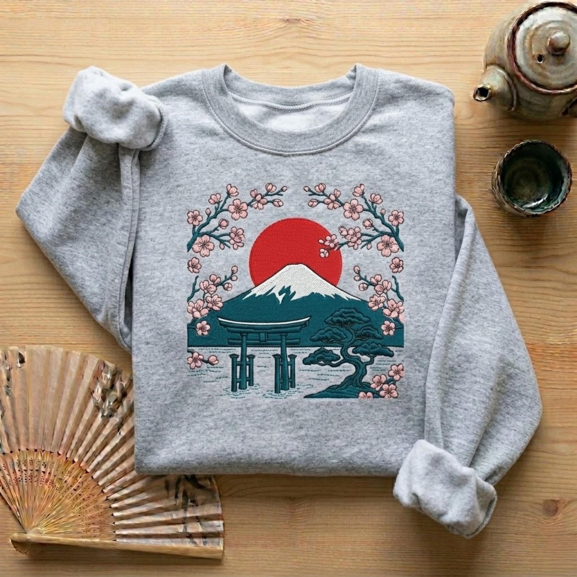 Mount Fuji Sakura Embroidered Sweatshirt Japanese Landscape Crewneck Red Sun Japan Aesthetic Floral Mountain Shirt