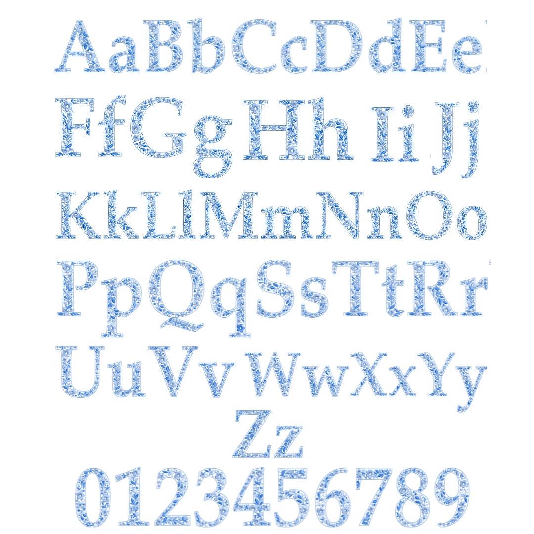 Chinoiserie Alphabet 7 Inch A-Z Machine Embroidery Font, Blue Elegant Monogram Letters, BX Font | PES + 11 other formats