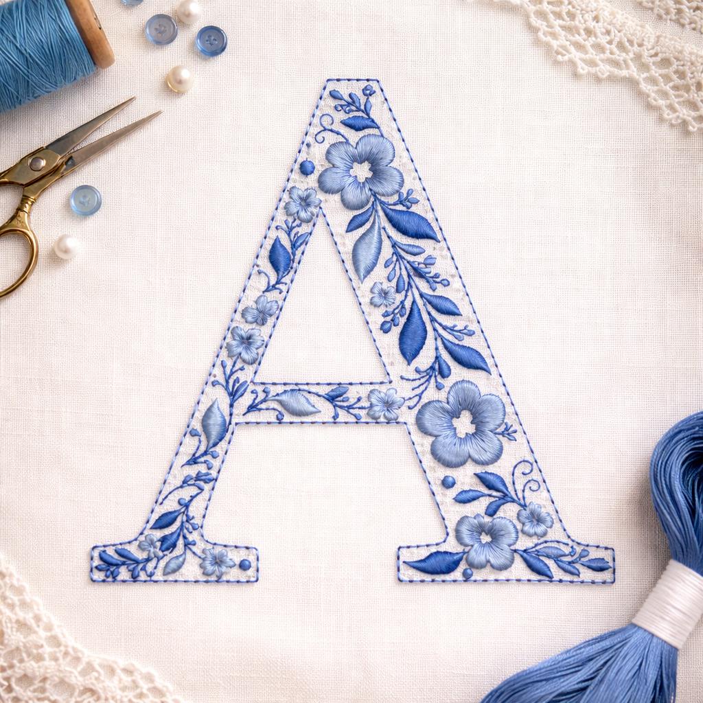 Chinoiserie Alphabet 7 Inch A-Z Machine Embroidery Font, Blue Elegant Monogram Letters, BX Font | PES + 11 other formats