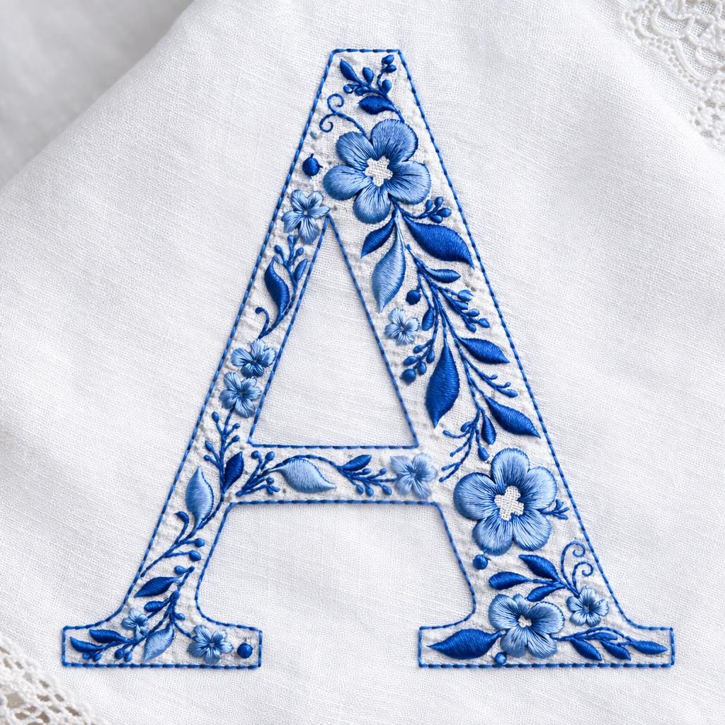 Chinoiserie Alphabet 7 Inch A-Z Machine Embroidery Font, Blue Elegant Monogram Letters, BX Font | PES + 11 other formats