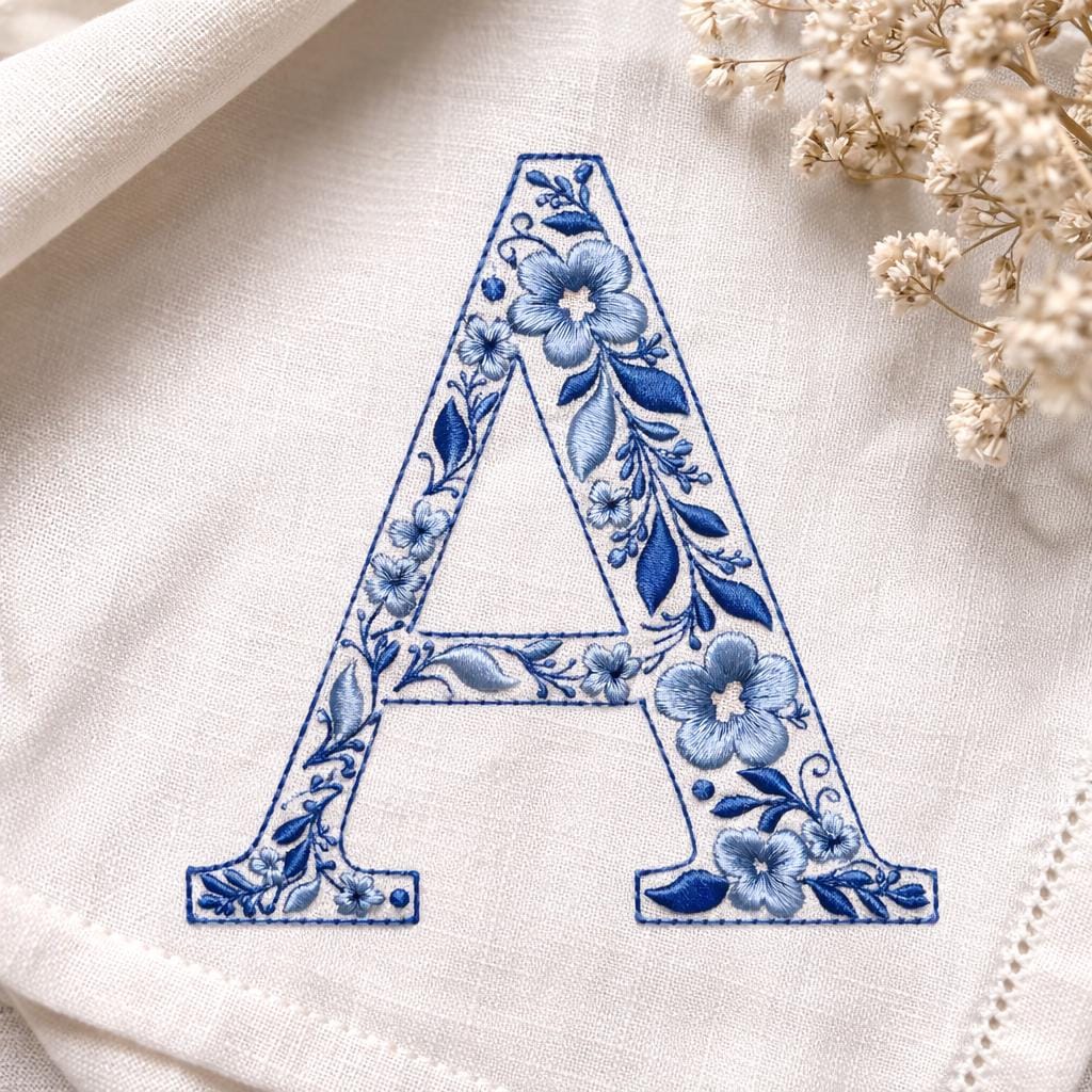 Chinoiserie Alphabet 7 Inch A-Z Machine Embroidery Font, Blue Elegant Monogram Letters, BX Font | PES + 11 other formats