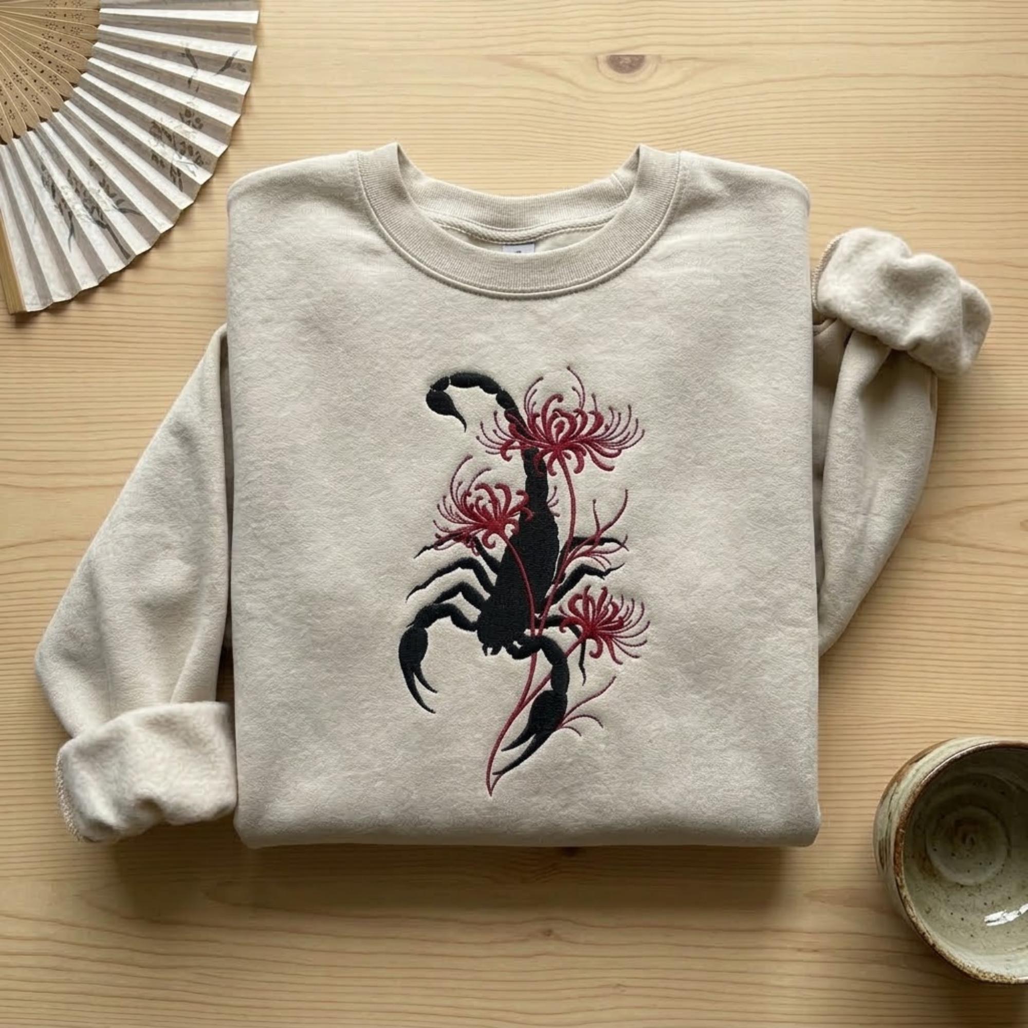 Scorpion Spider Lily Embroidered Sweatshirt Japanese Gothic Floral Crewneck Dark Aesthetic Embroidery Shirt Tattoo Style Gift