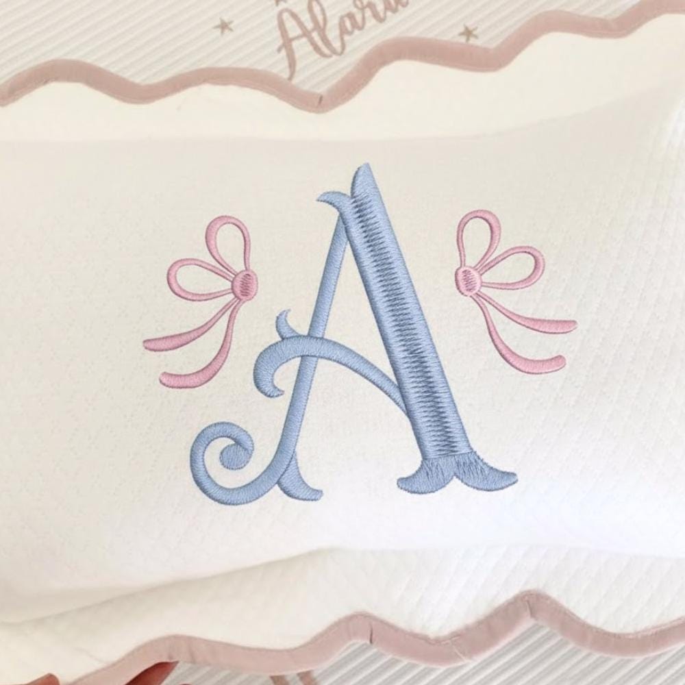 Baby Girl Monogram Embroidery with Bows, Pastel Initial Font BX, Nursery Name Design, Machine Embroidery (Digital Download), 11 formats