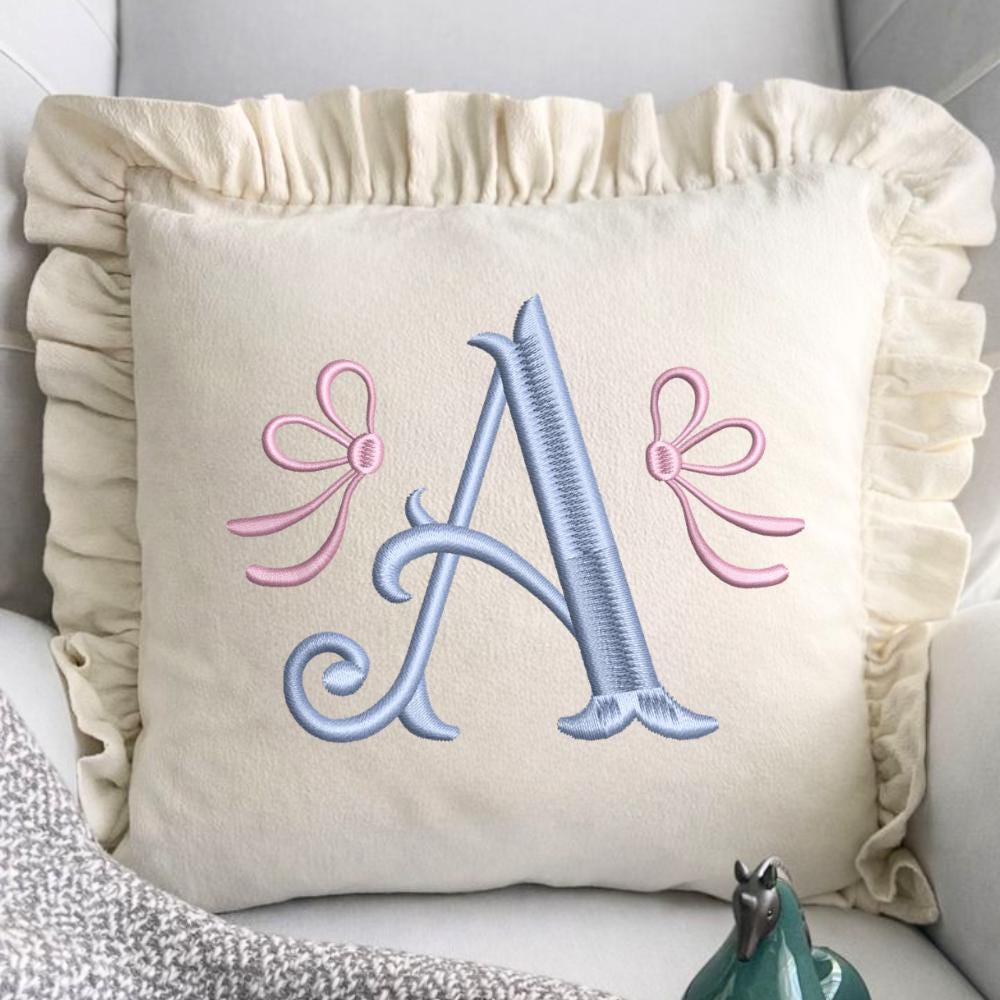 Baby Girl Monogram Embroidery with Bows, Pastel Initial Font BX, Nursery Name Design, Machine Embroidery (Digital Download), 11 formats