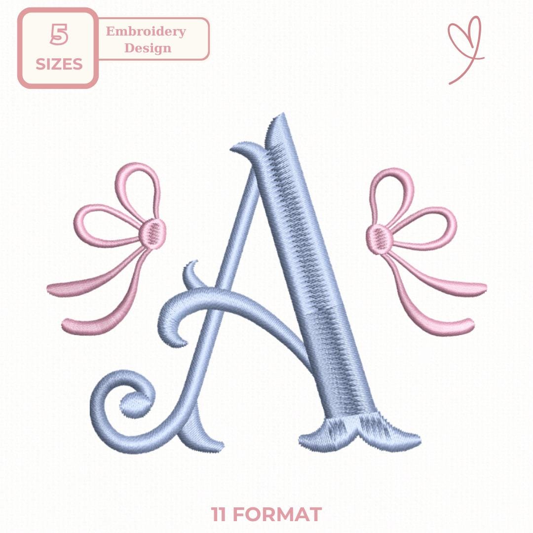 Baby Girl Monogram Embroidery with Bows, Pastel Initial Font BX, Nursery Name Design, Machine Embroidery (Digital Download), 11 formats