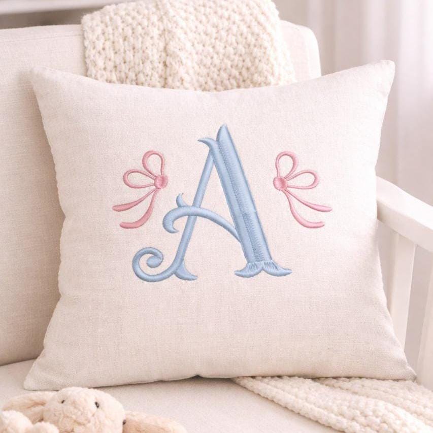 Baby Girl Monogram Embroidery with Bows, Pastel Initial Font BX, Nursery Name Design, Machine Embroidery (Digital Download), 11 formats