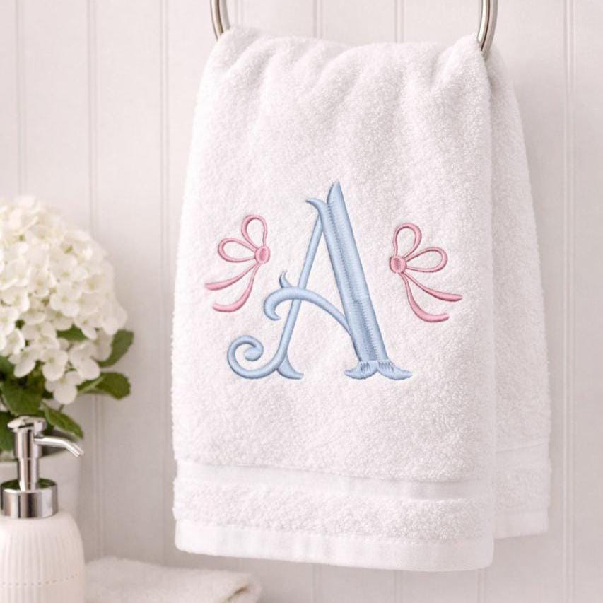 Baby Girl Monogram Embroidery with Bows, Pastel Initial Font BX, Nursery Name Design, Machine Embroidery (Digital Download), 11 formats