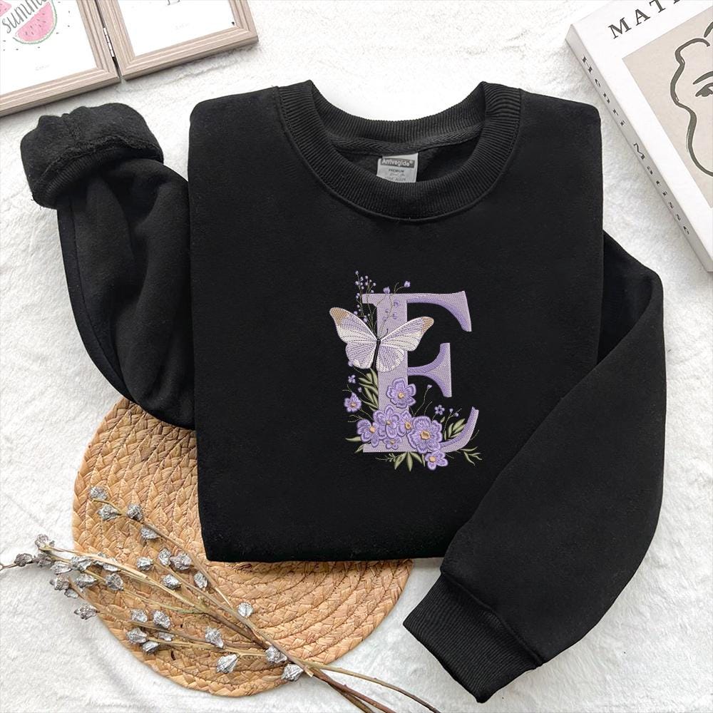 Floral Alphabet with Butterfly, Monogram Letter E Embroidery, Name Embroidery Design (Digital Download), 5 sizes