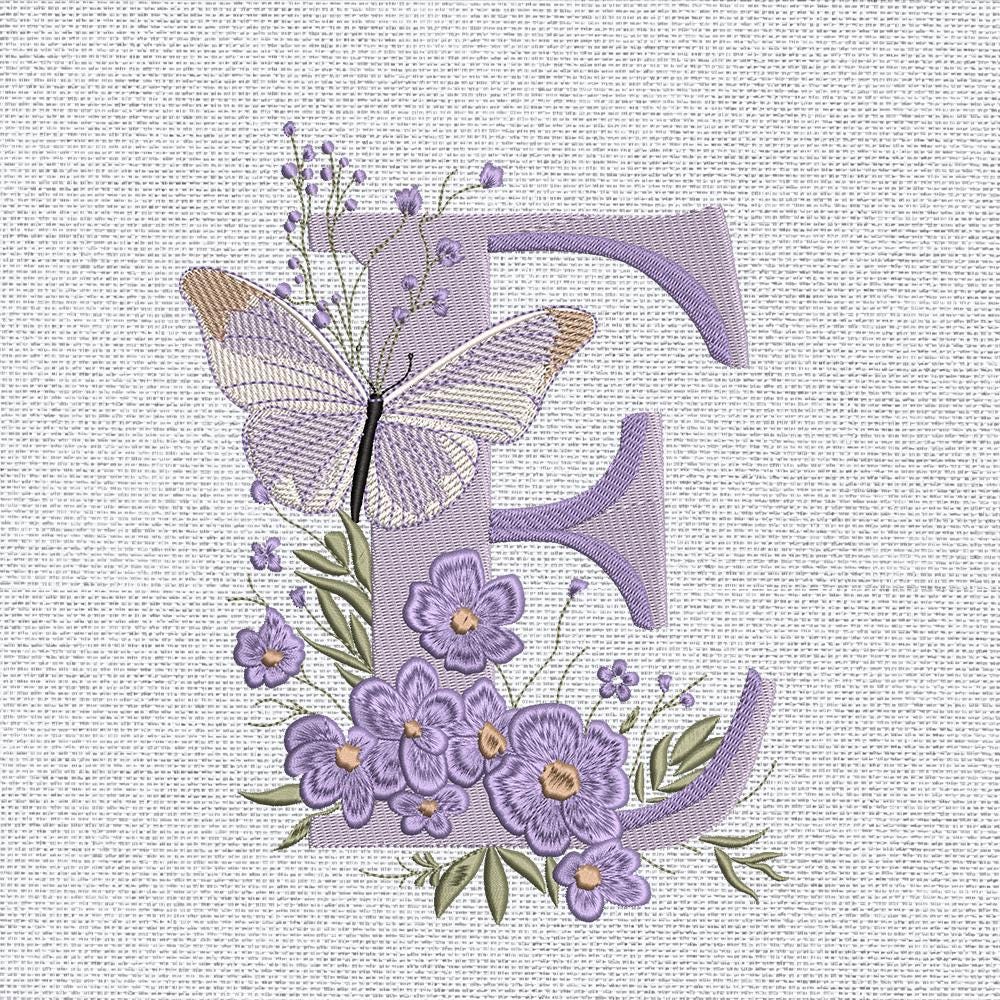 Floral Alphabet with Butterfly, Monogram Letter E Embroidery, Name Embroidery Design (Digital Download), 5 sizes