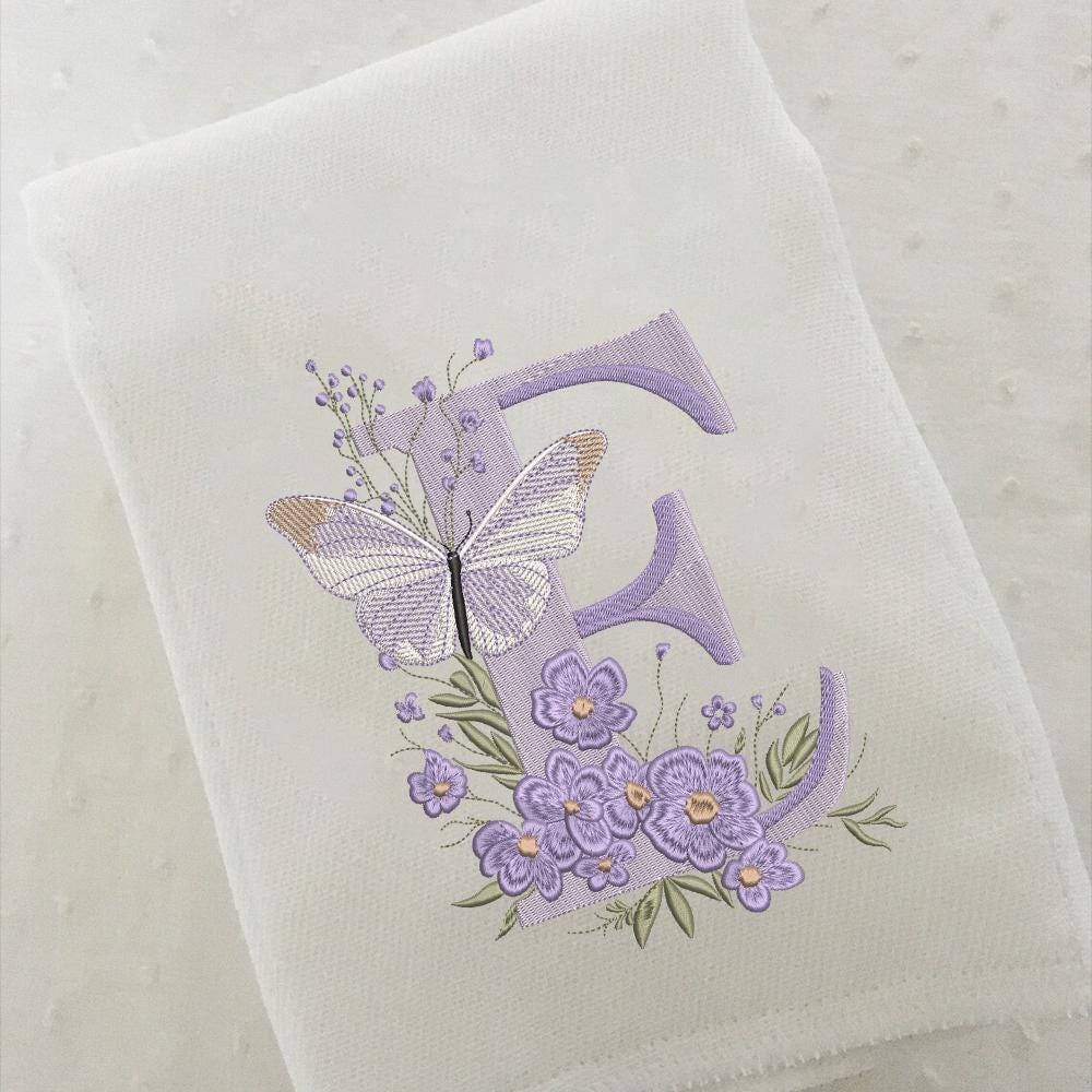 Floral Alphabet with Butterfly, Monogram Letter E Embroidery, Name Embroidery Design (Digital Download), 5 sizes