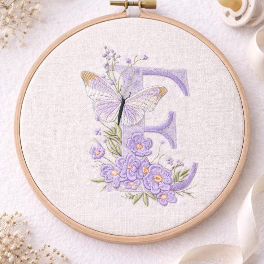 Floral Alphabet with Butterfly, Monogram Letter E Embroidery, Name Embroidery Design (Digital Download), 5 sizes