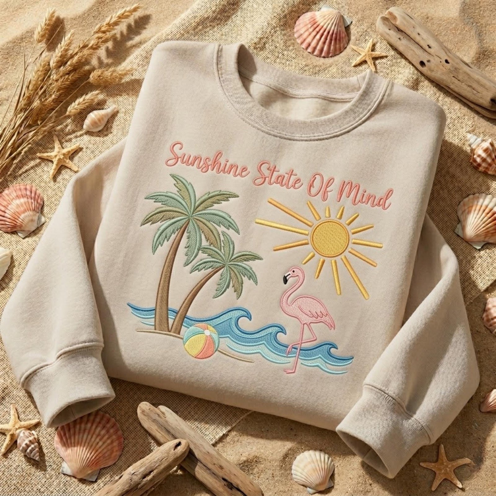 Sunshine State Of Mind Embroidered Sweatshirt Coastal Beach Shirt Flamingo Palm Tree Summer Vacation Ocean Lover Gift