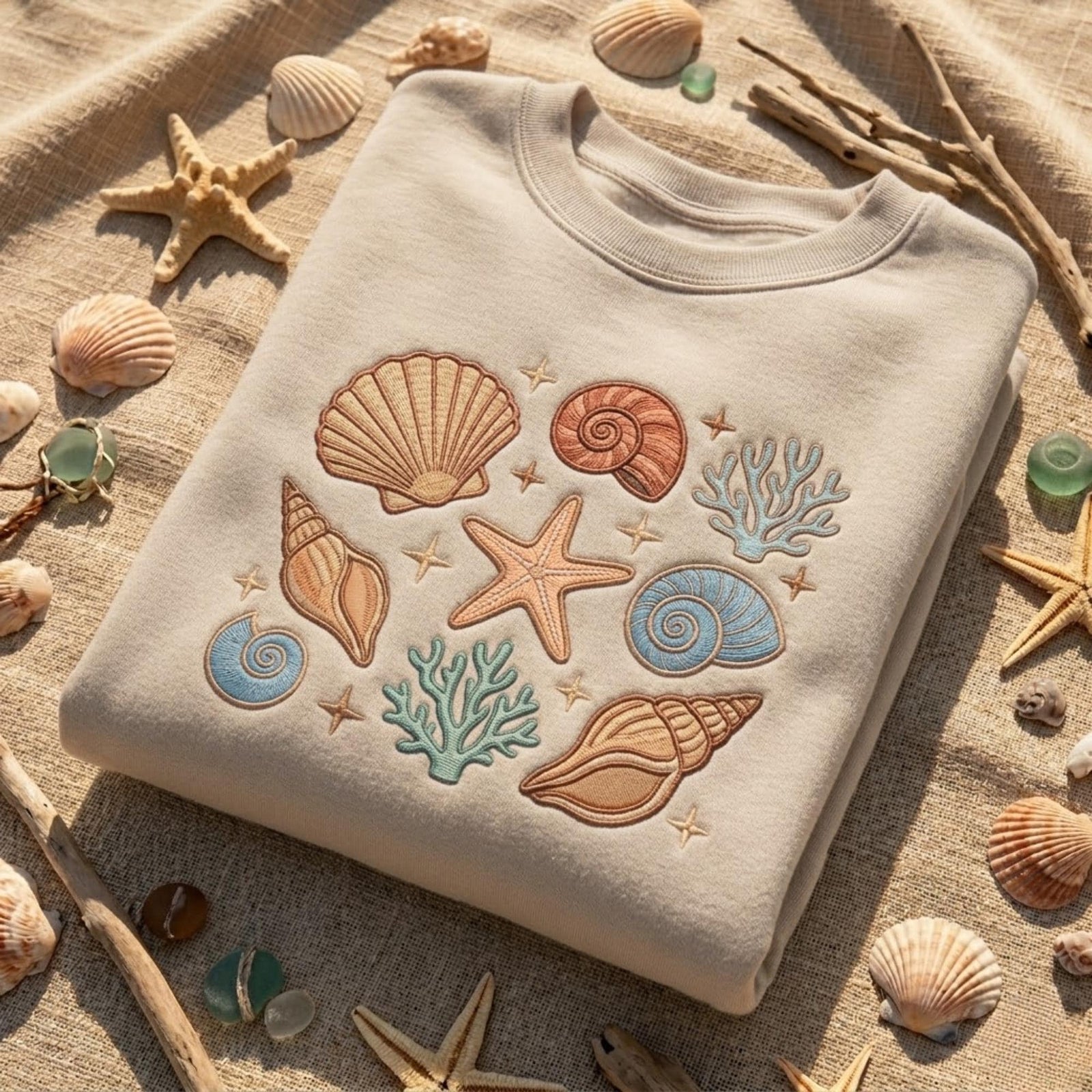 Seashell Embroidered Sweatshirt Coastal Beach Shirt Sea Shell Starfish Coral Ocean Summer Vacation Outfit Ocean Lover Gift